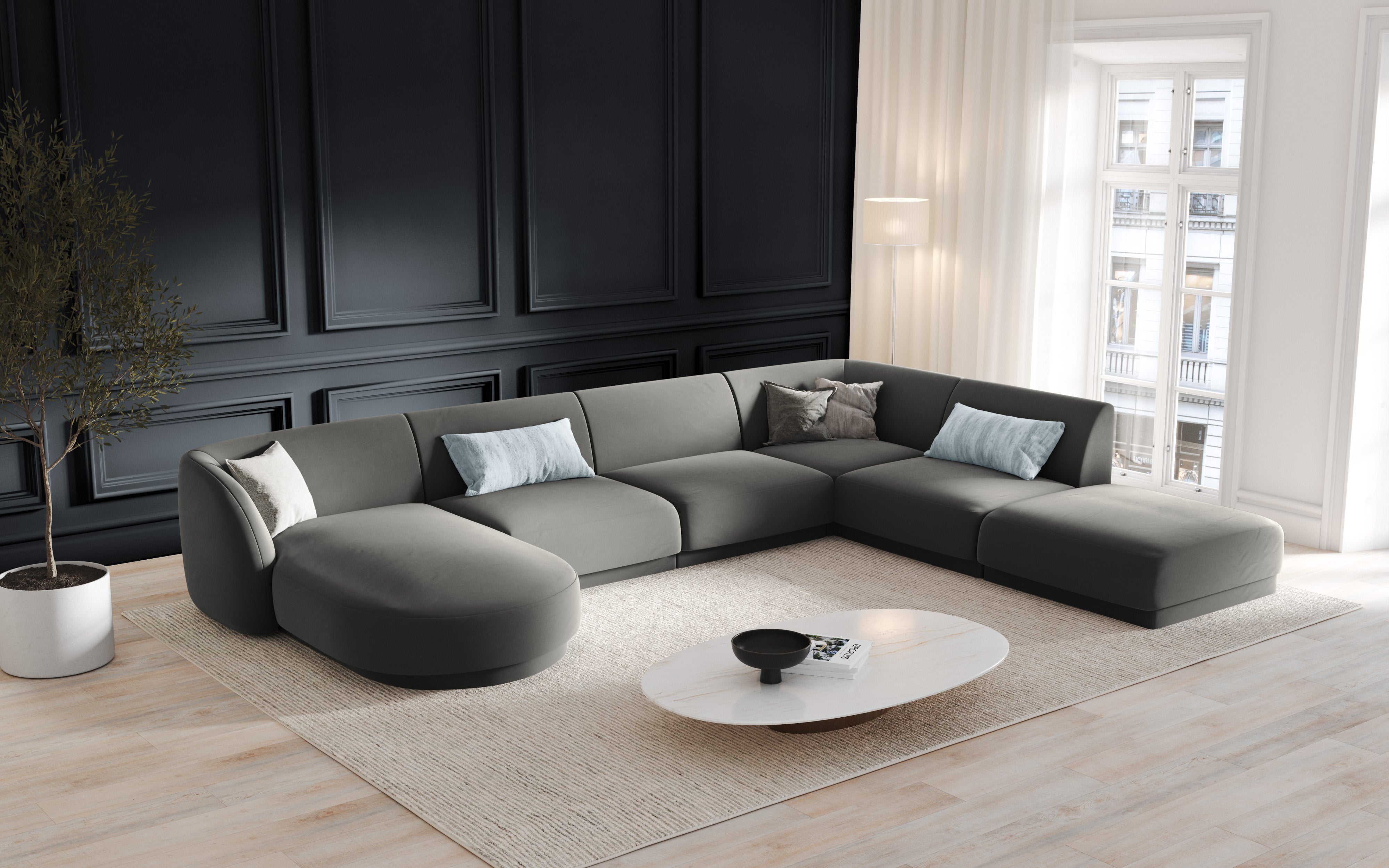 Left-facing U-shaped sofa MILEY gray chenille