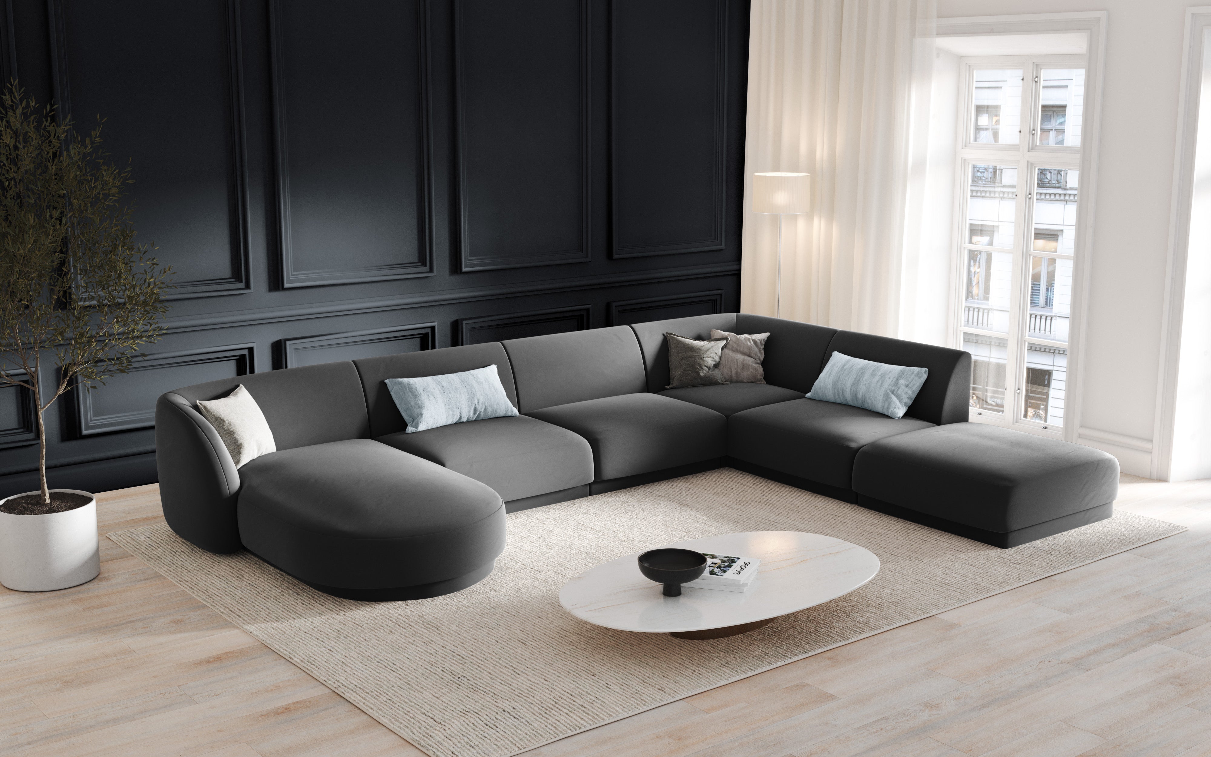 Rechtsseitiger Panorama-Sofa im Szenil-Stoff aus 6-Personen-Miley-Benzin