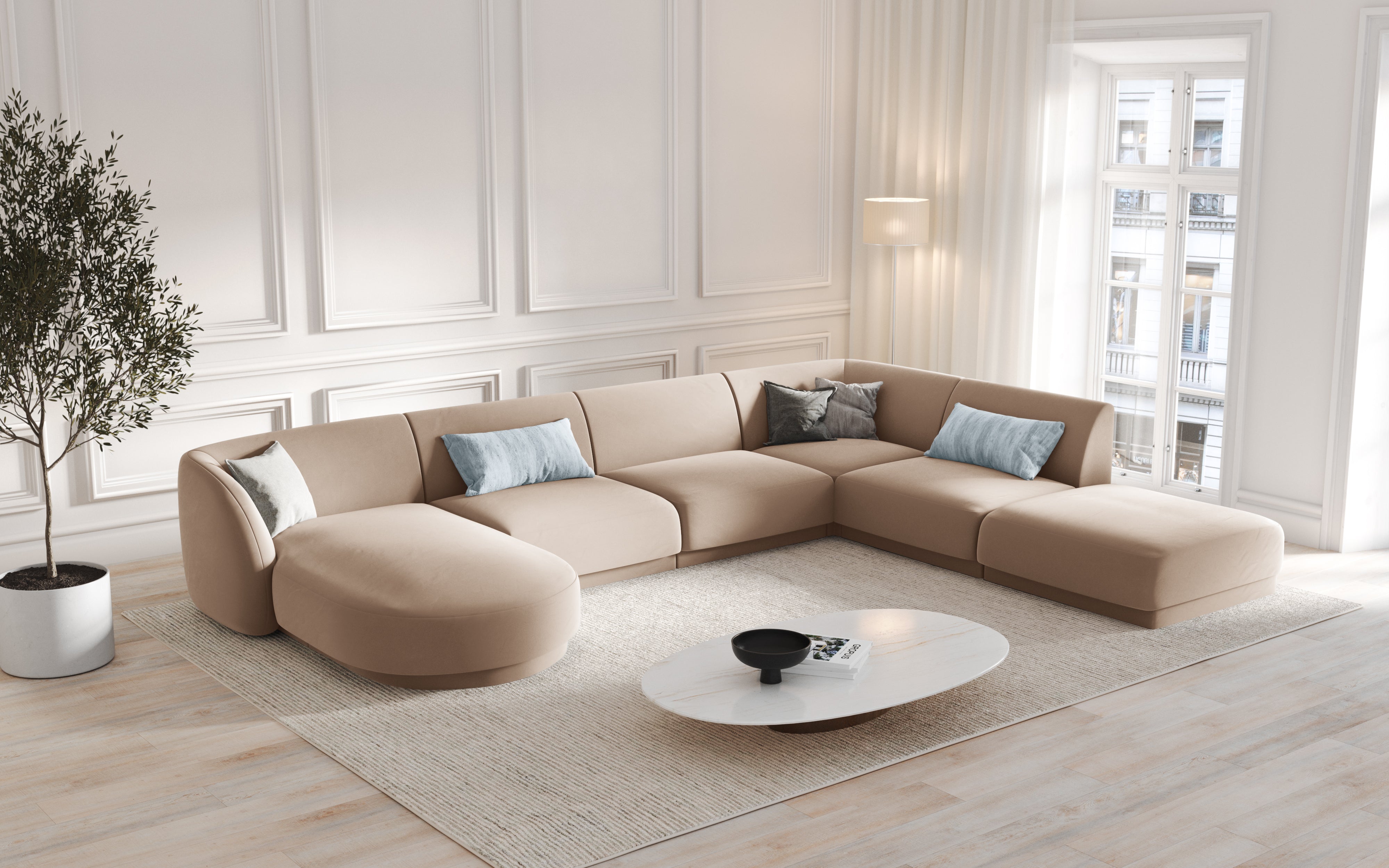 Right-facing U-shaped corner sofa MILEY beige chenille