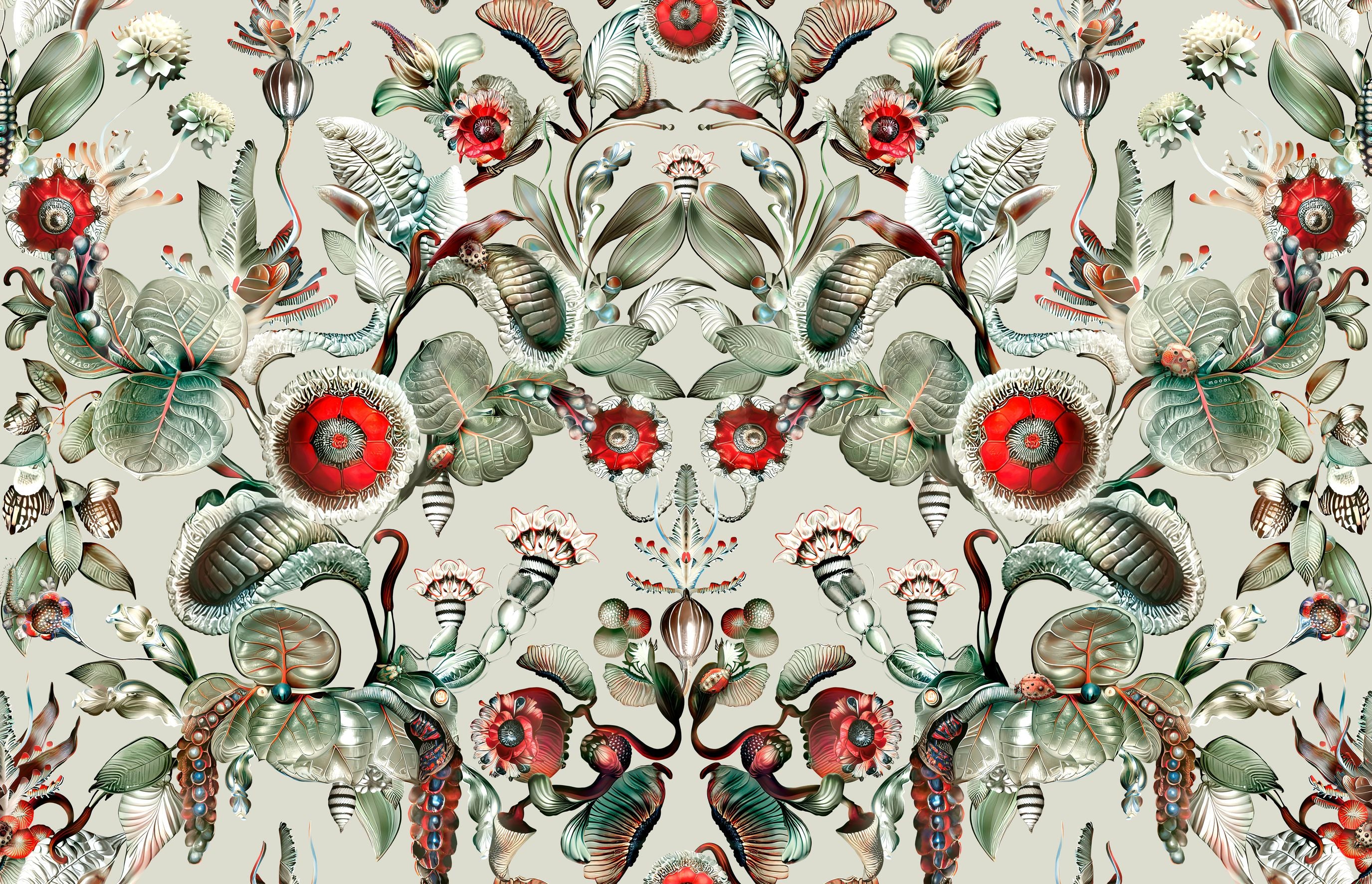 Textile wallpaper with a plant motif COCCINELLA BELLA gray with green