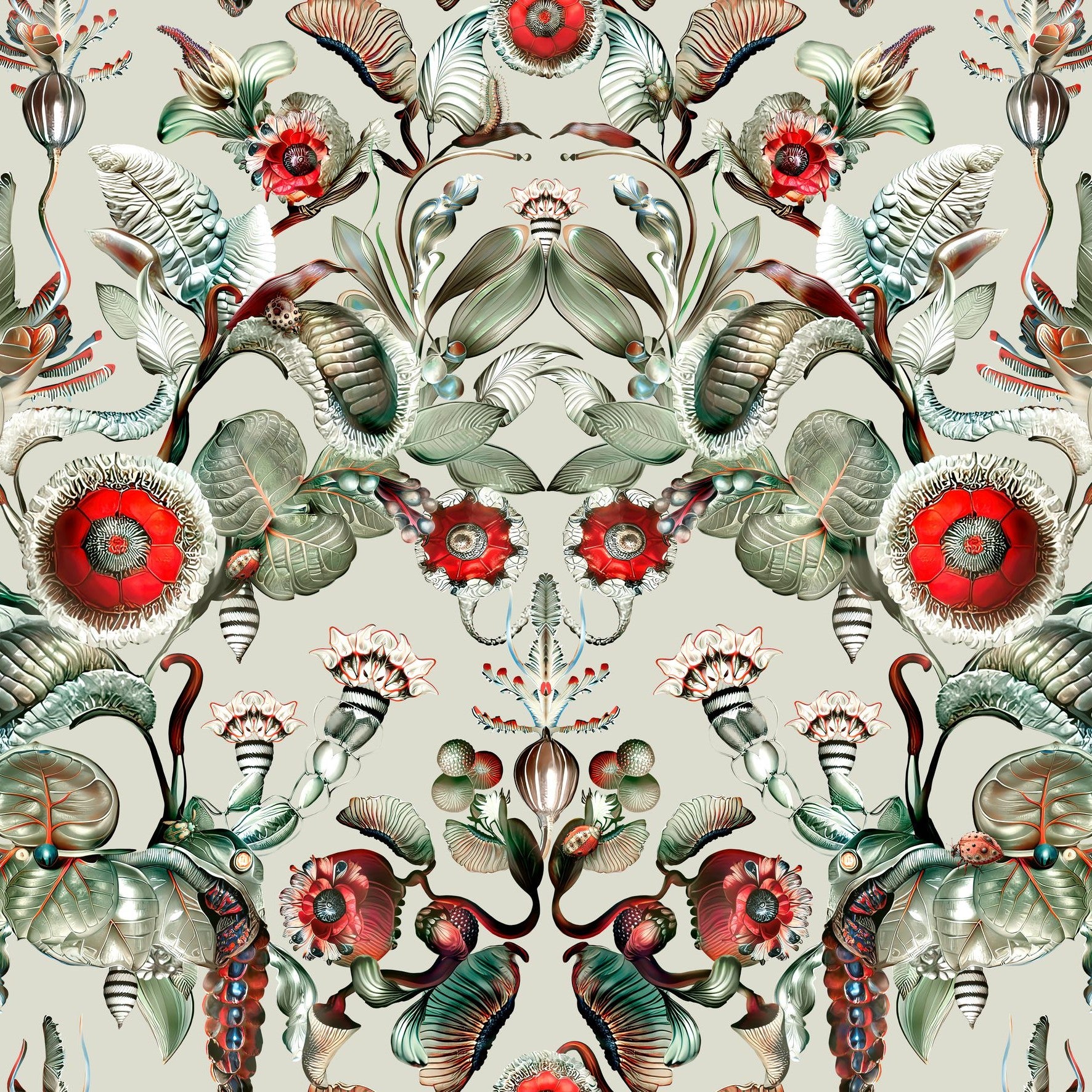 Textile wallpaper with a plant motif COCCINELLA BELLA gray with green