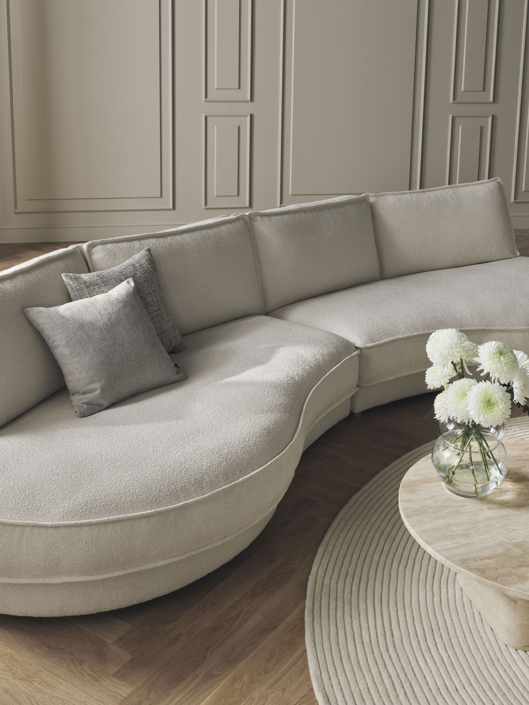 Sofa modułowa NOORA - zaokrąglony moduł prawostronny z czarną podstawą