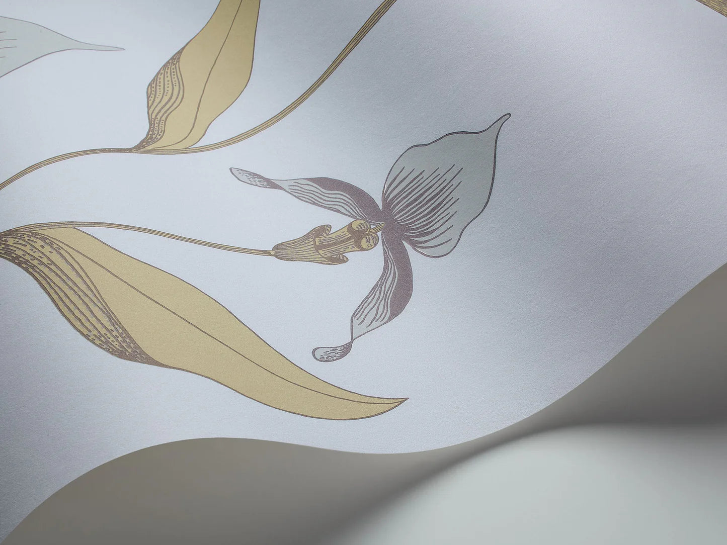 Tapeta z motywem roślinnym kwiatów orchidei CONTEMPORARY COLLECTION - ORCHID pudrowy niebieski z oliwkowym