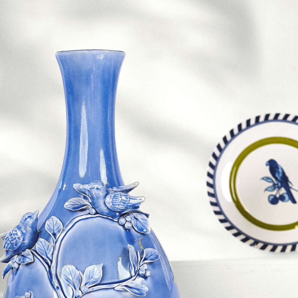 Zestaw talerzy BIRD PATTERNED biały z żółtym i niebieskim