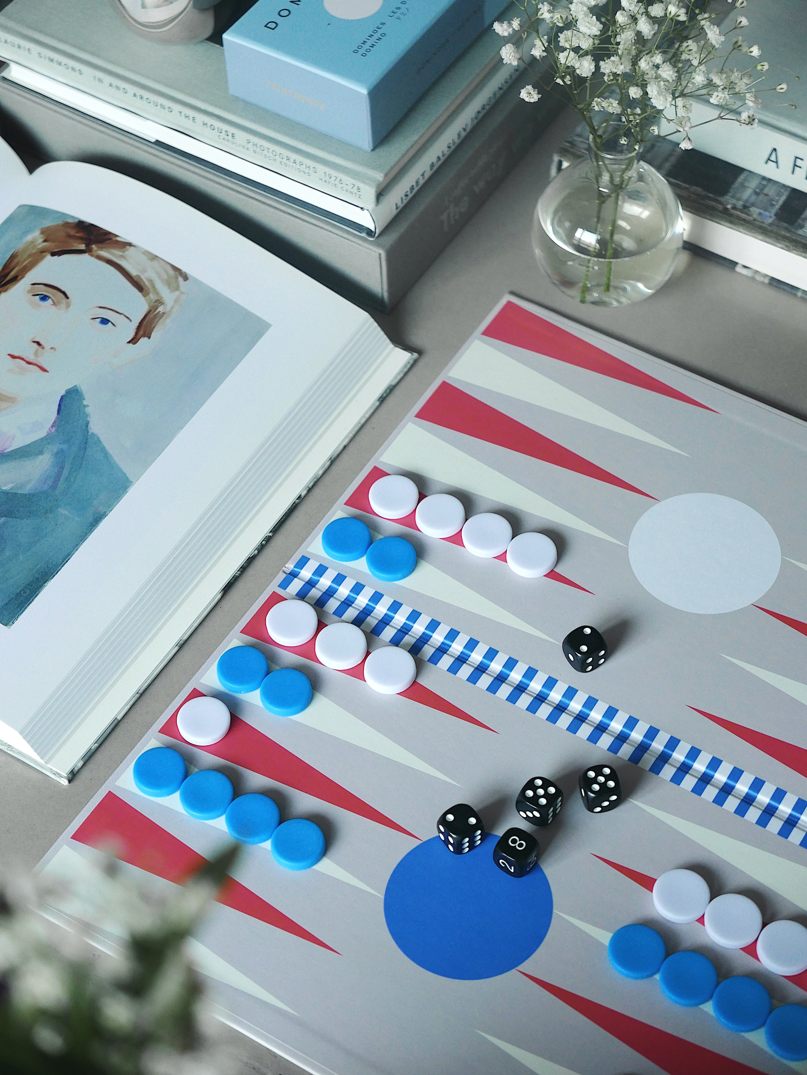 Gray BACKGAMMON Game Set with Red and Blue