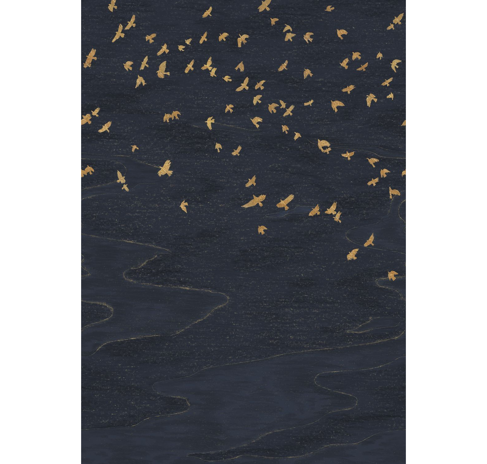 Animal-themed mural of birds MIGRATION in navy blue with gold