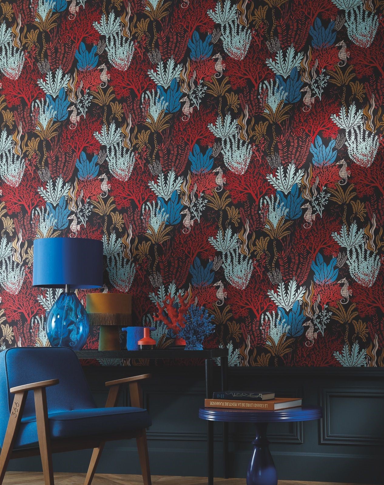 Marine Plant Motif Wallpaper POSIDONIE - MULTICO Black with Red and Blue