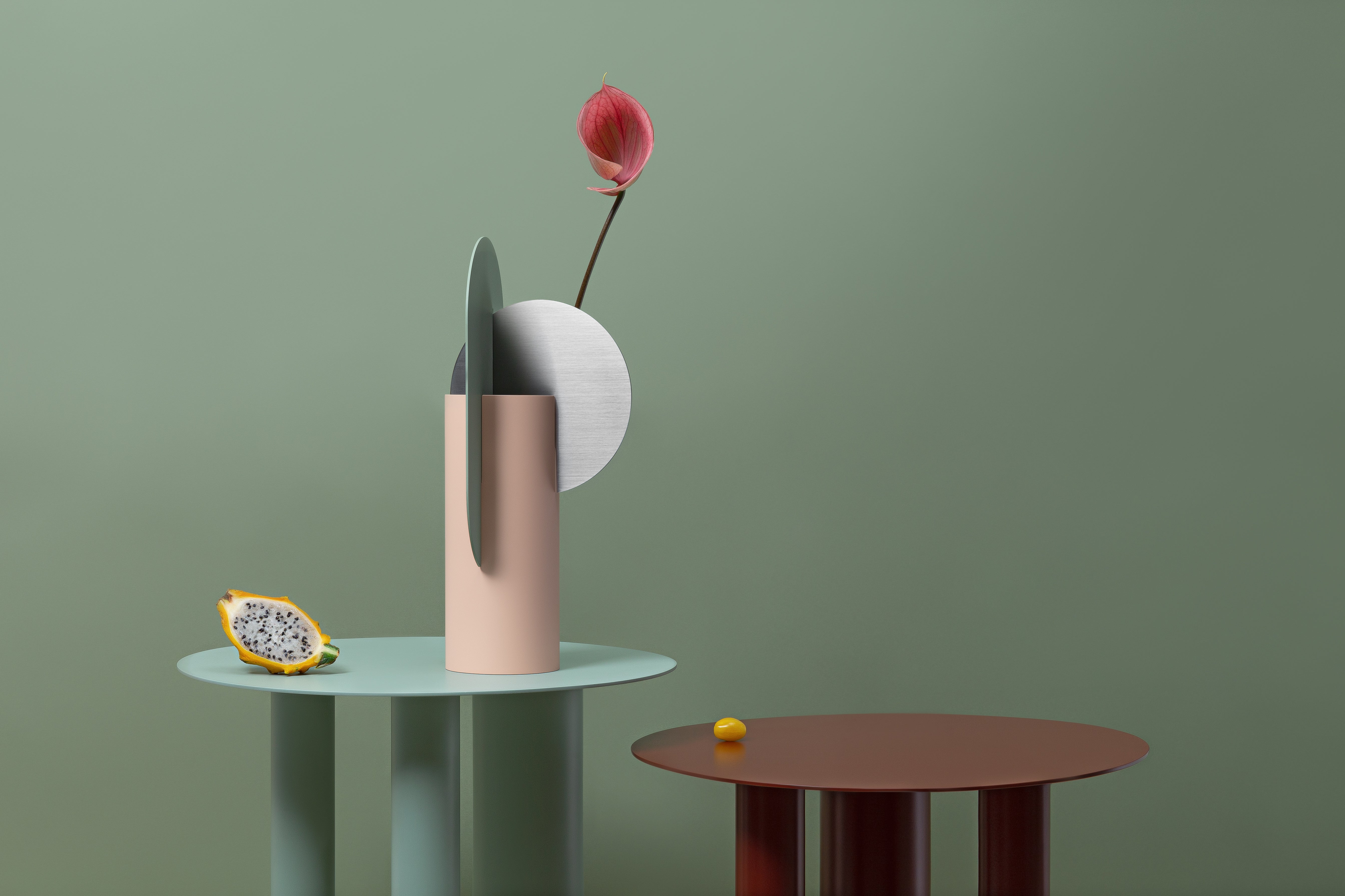 YERMILOV vase in powder pink with gray-green and steel