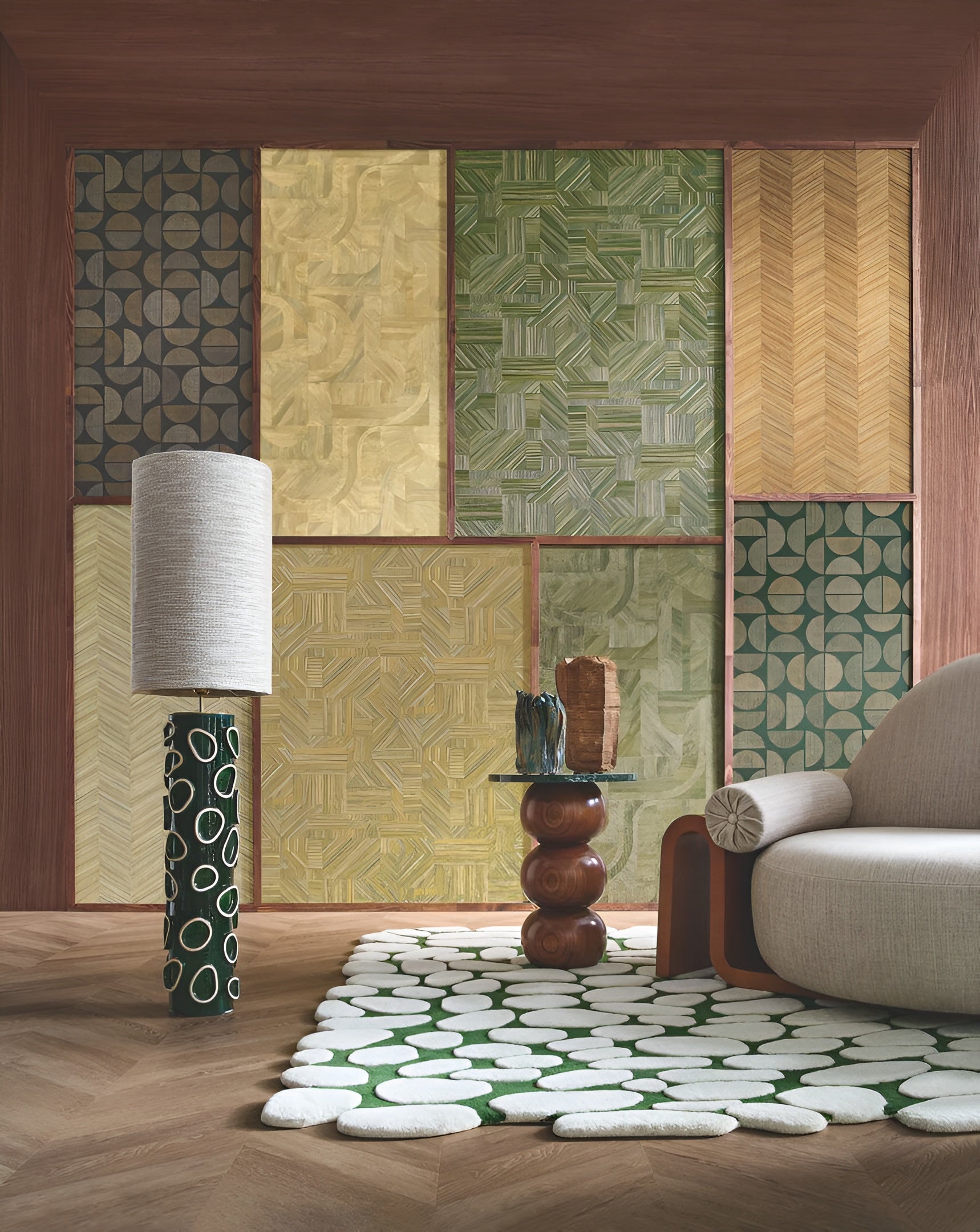 Structural vinyl wallpaper with geometric pattern DUALIS - AMANDE DOUCE almond