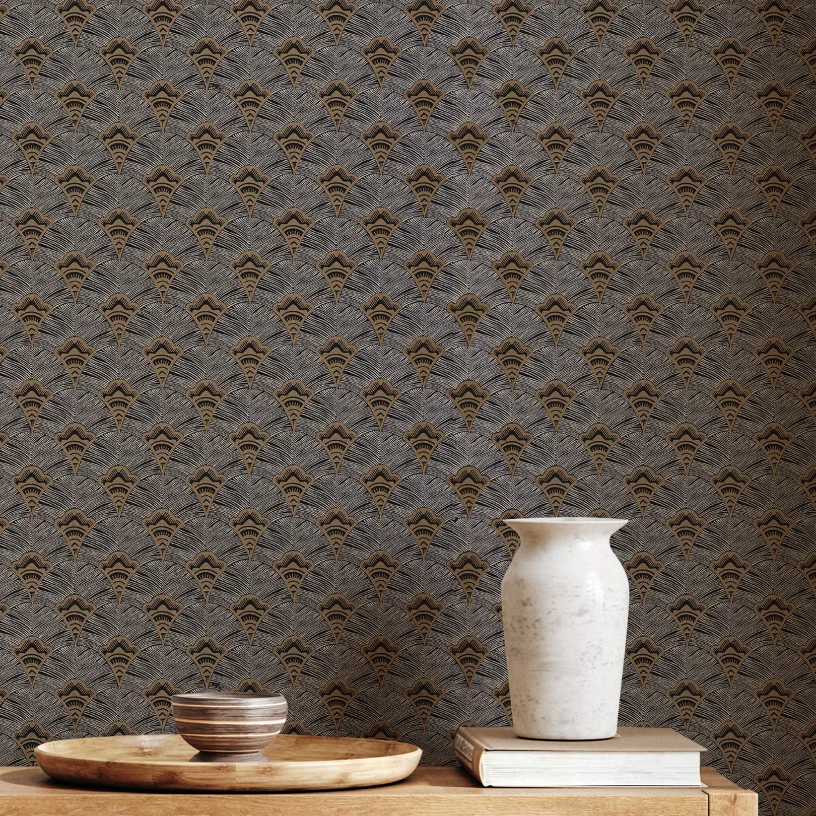 Structural wallpaper with an abstract fan pattern ADENIUM - MARINE/PIERRE BLEUE brown with blue