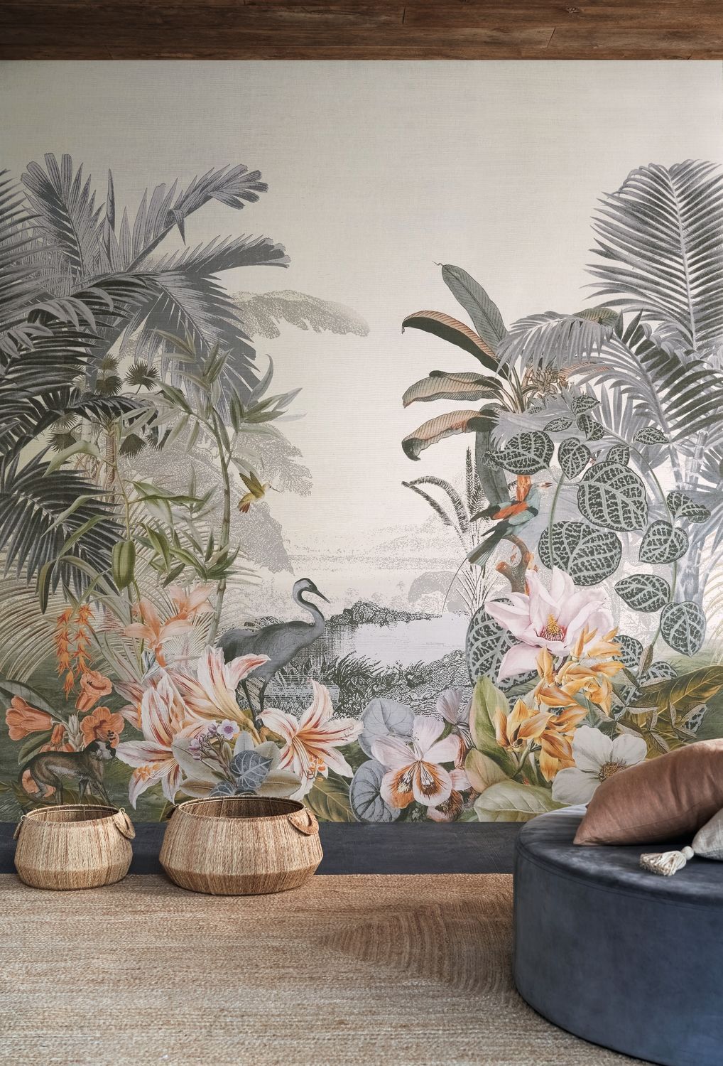 Mural tekstylny z egzotycznym krajobrazem PARAIBA zielono-niebieski z beżowym