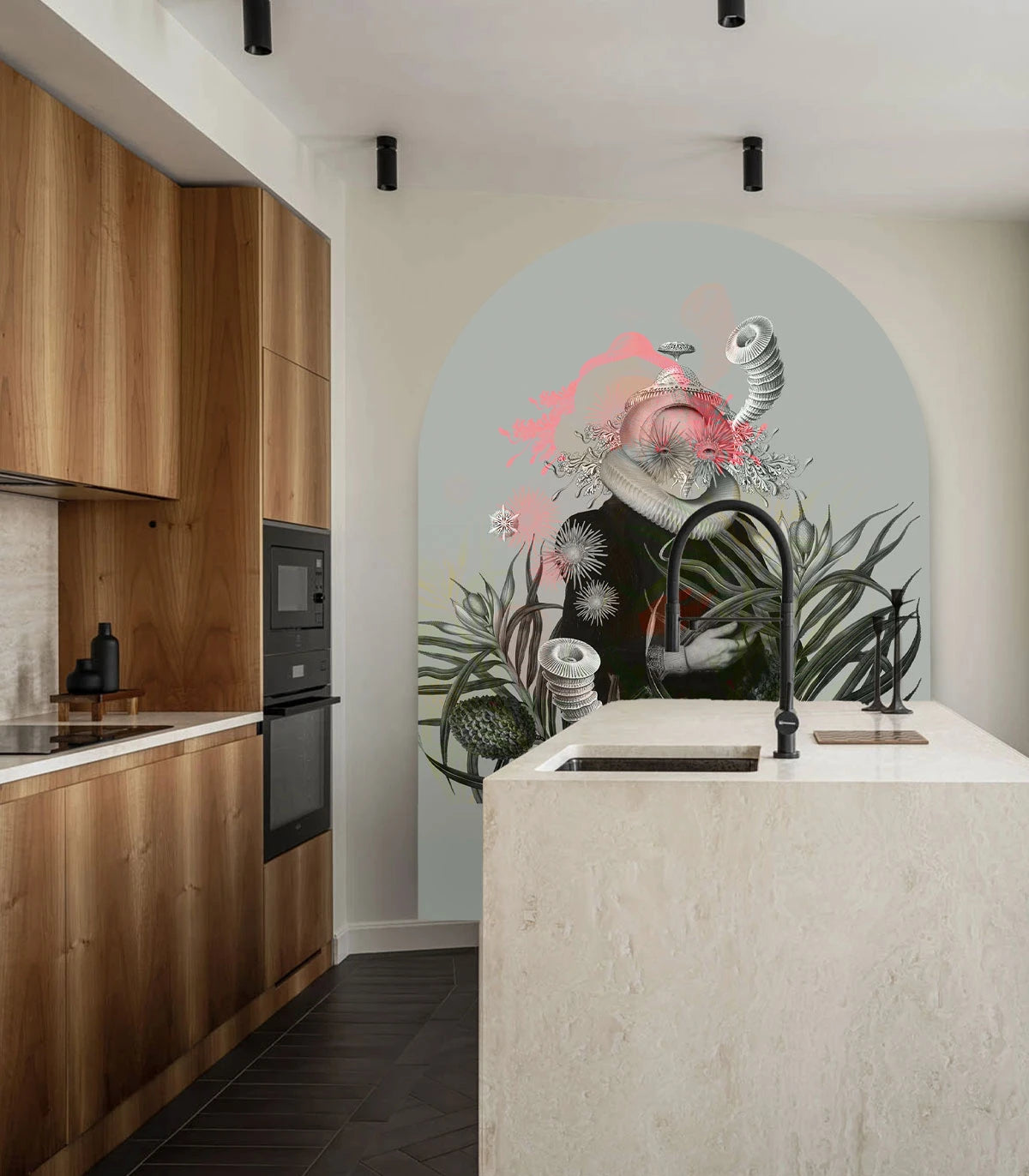 Arch-shaped mural with an artistic portrait of LADY MEDUSA in gray