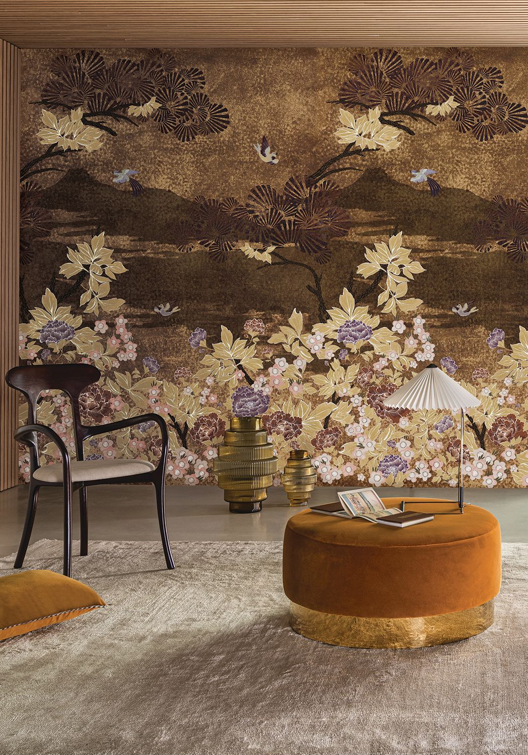Mural z motywem roślinnym liści KANSAI - CUIVRE/DORÉ brązowy ze złotym