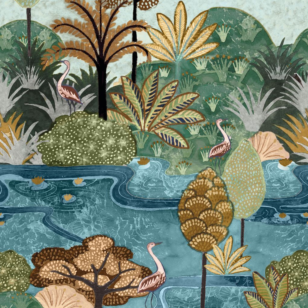 Mural with a plant and animal motif of birds ARUBA - MULTICOLOURS green with blue