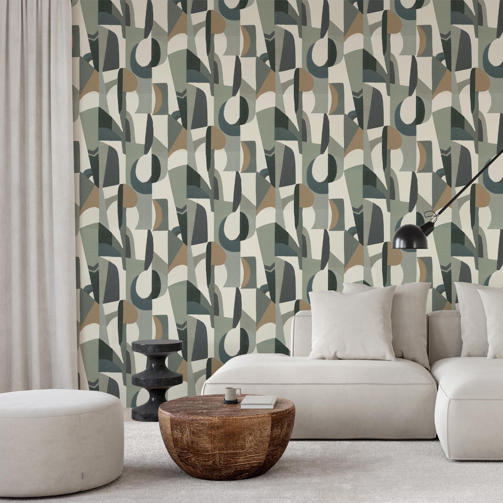 Strukturierte Tapete mit abstraktem Muster ASSEMBLAGE - BLANC/VERT CELADON weiß mit seledin