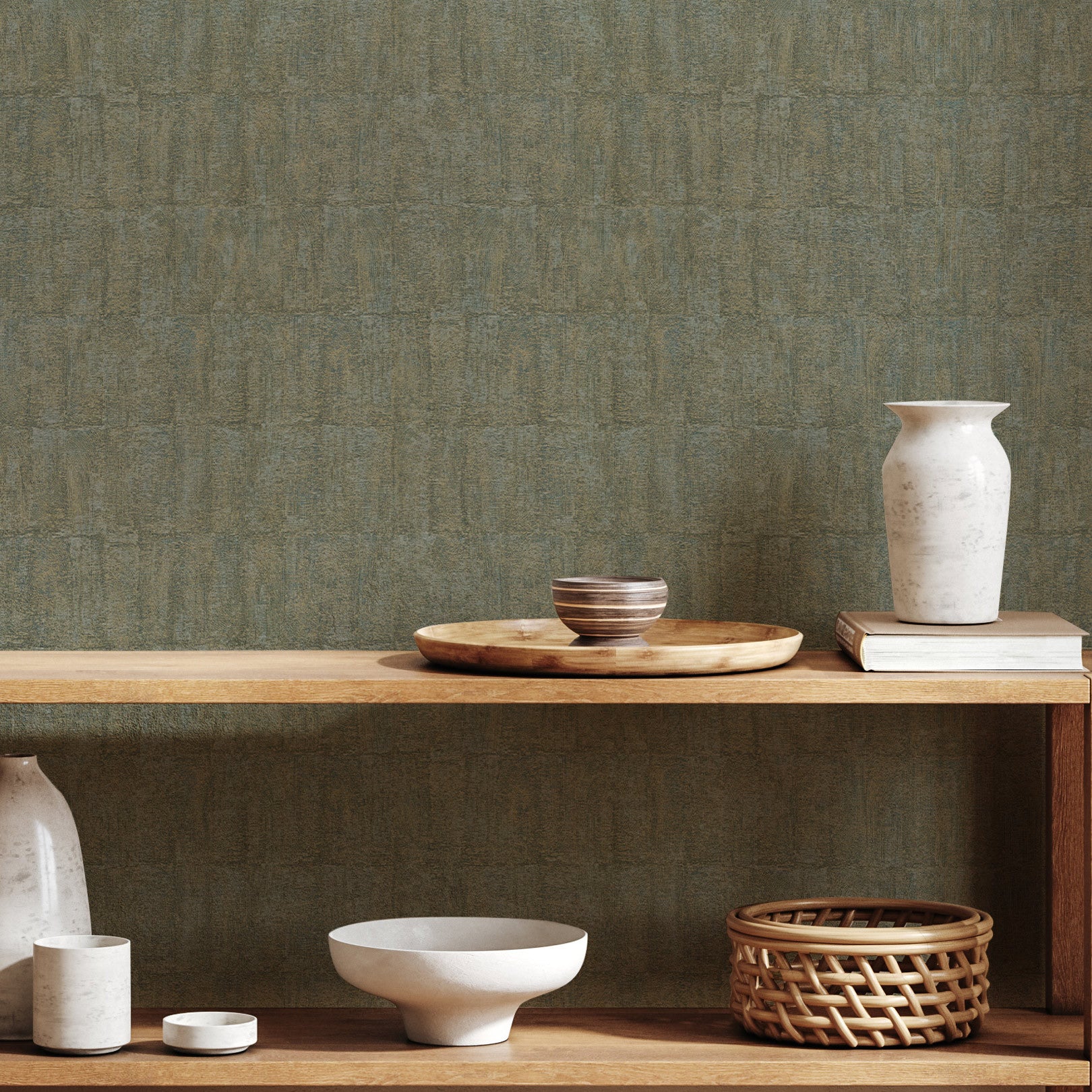 Strukturtapete, die Ton imitiert BIZEN - LICHEN grün mit Bronze