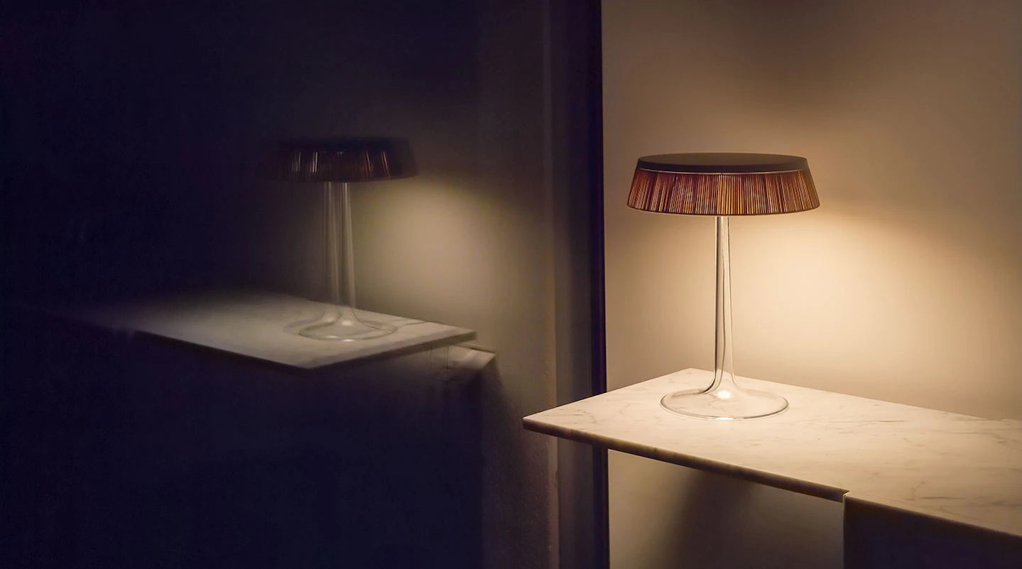 Lampa stołowa BON JOUR miedziany z rattanowym abażurem