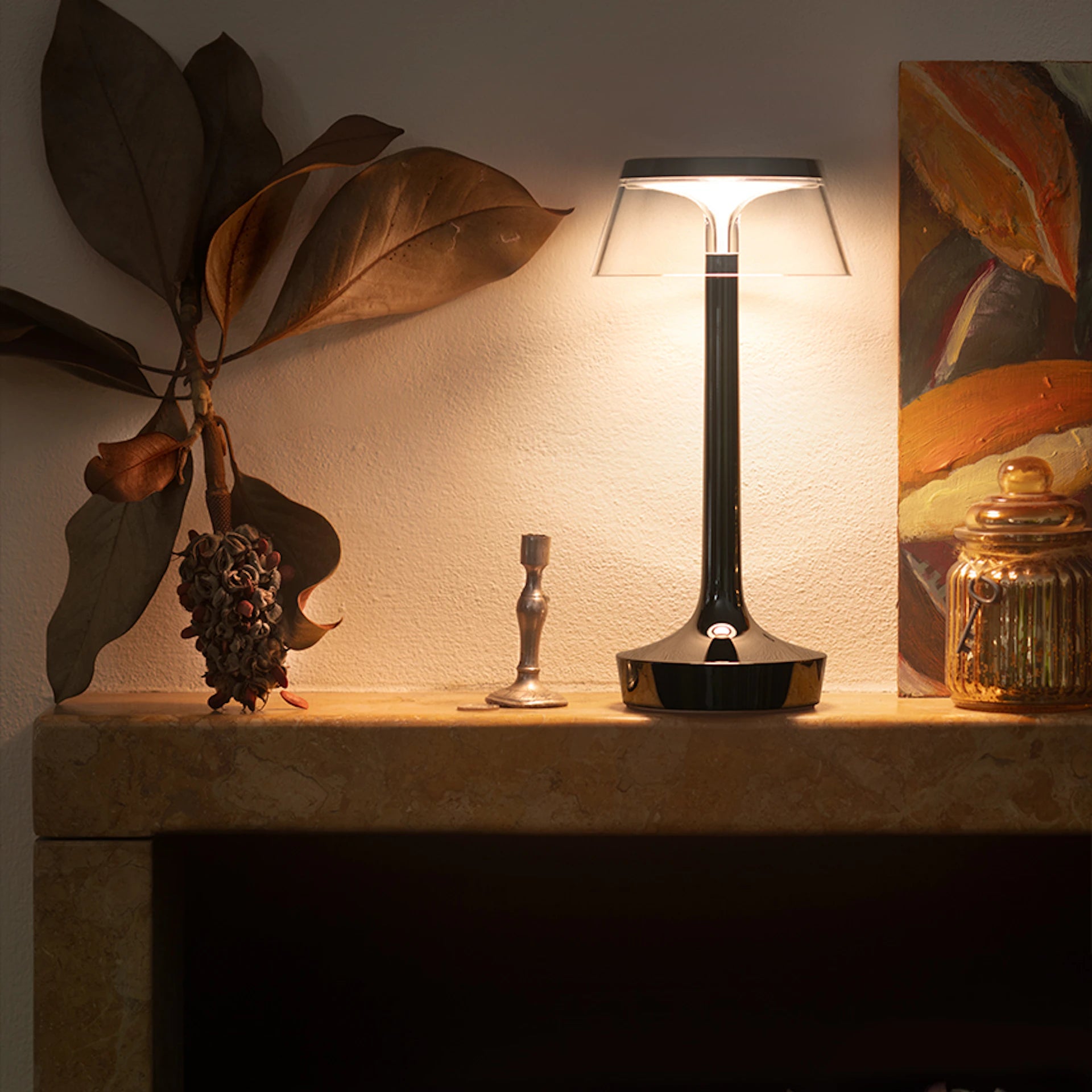 Lampa przenośna BON JOUR UNPLUGGED czarny chromowany z transparentnym abażurem