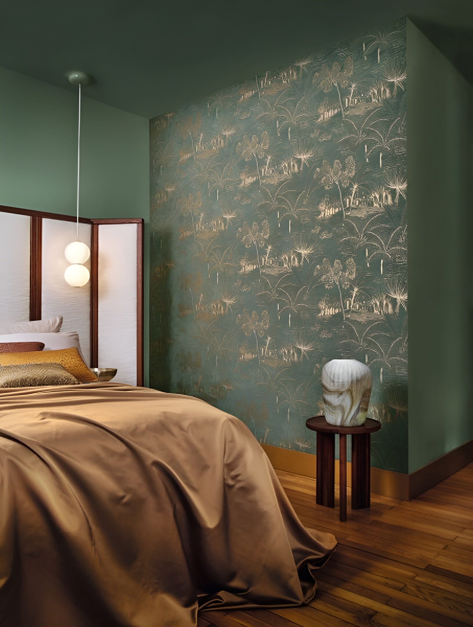 Landscape Wallpaper with Plant Motif BAHARIA - VERT DE GRIS/DORE green with gold