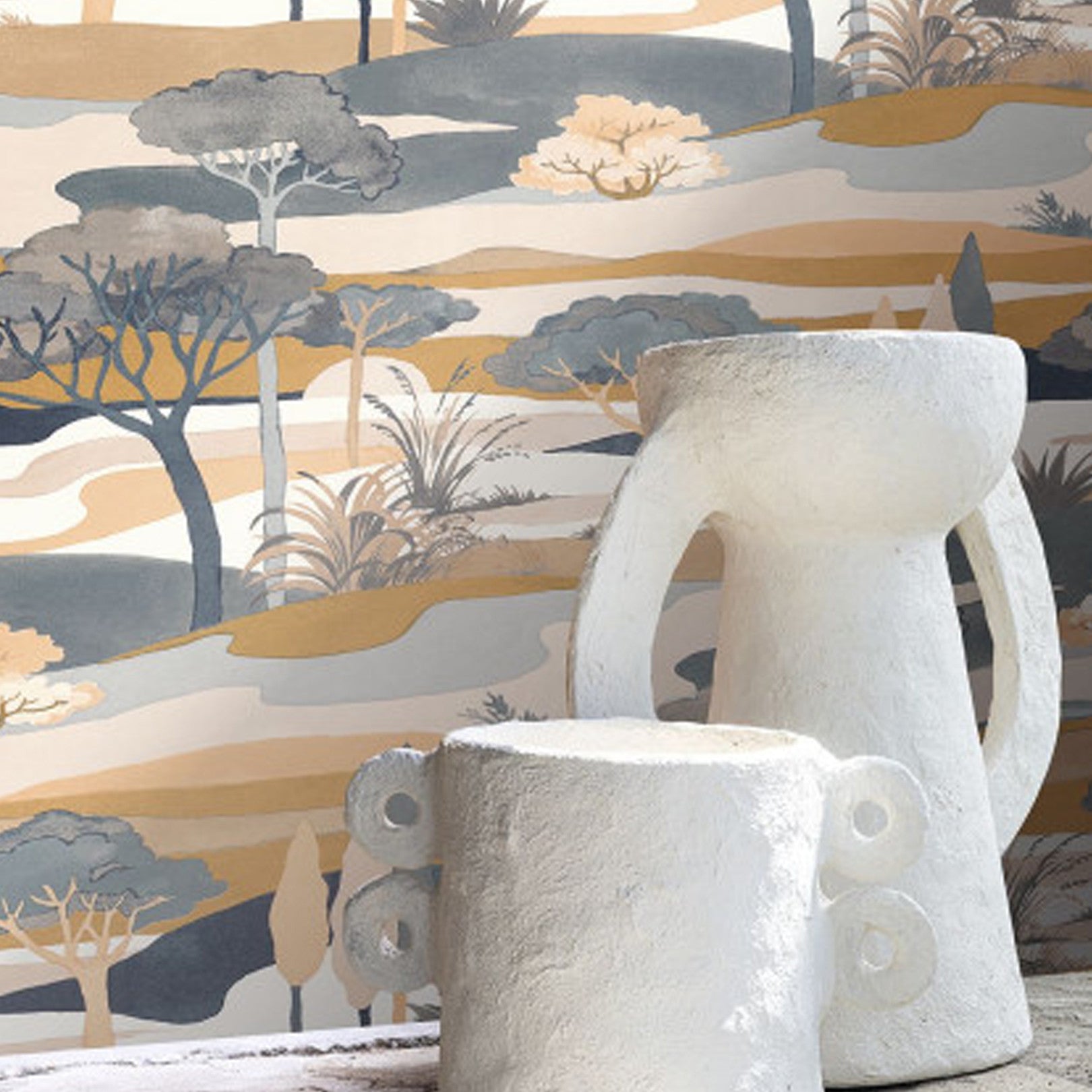 Tapeta z krajobrazem z motywem roślinnym CAP FERRET - BLEU PERSAN/AMBRE niebieski ze złotym