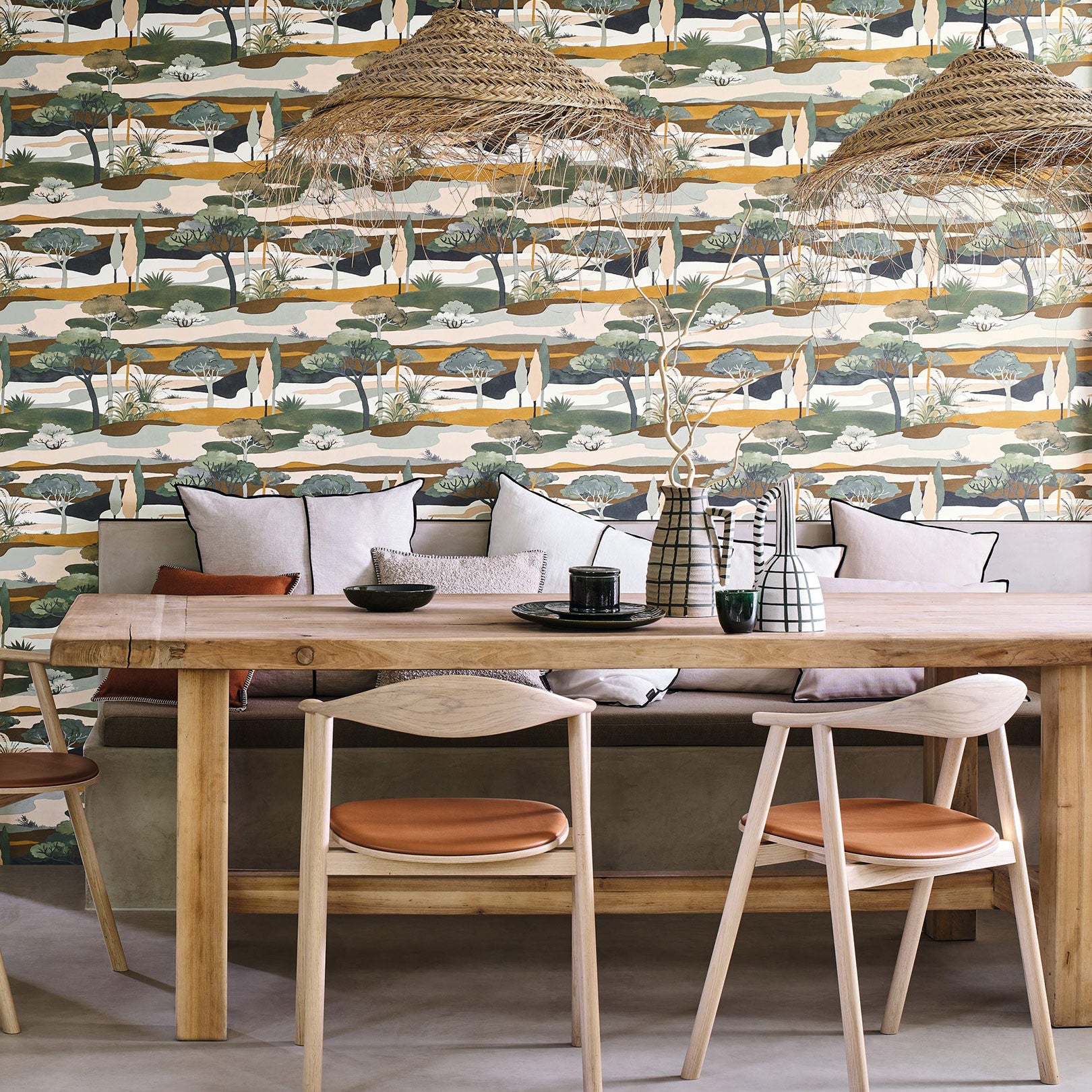 Landscape wallpaper with a plant motif CAP FERRET - CYPRÈS/OCHRE green with brown