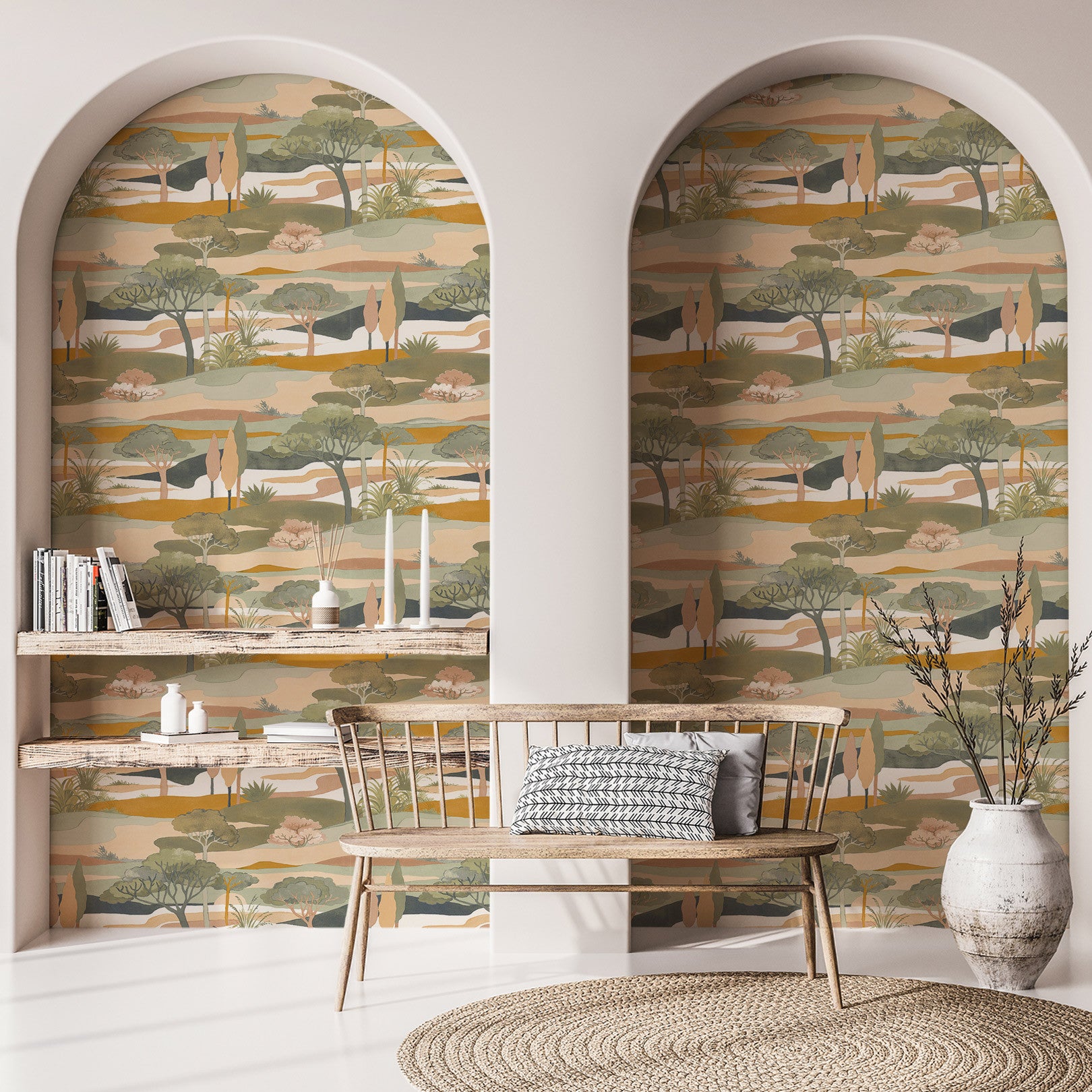 Tapeta z krajobrazem z motywem roślinnym CAP FERRET - CÉLADON/AMBRE seledynowy ze złotym