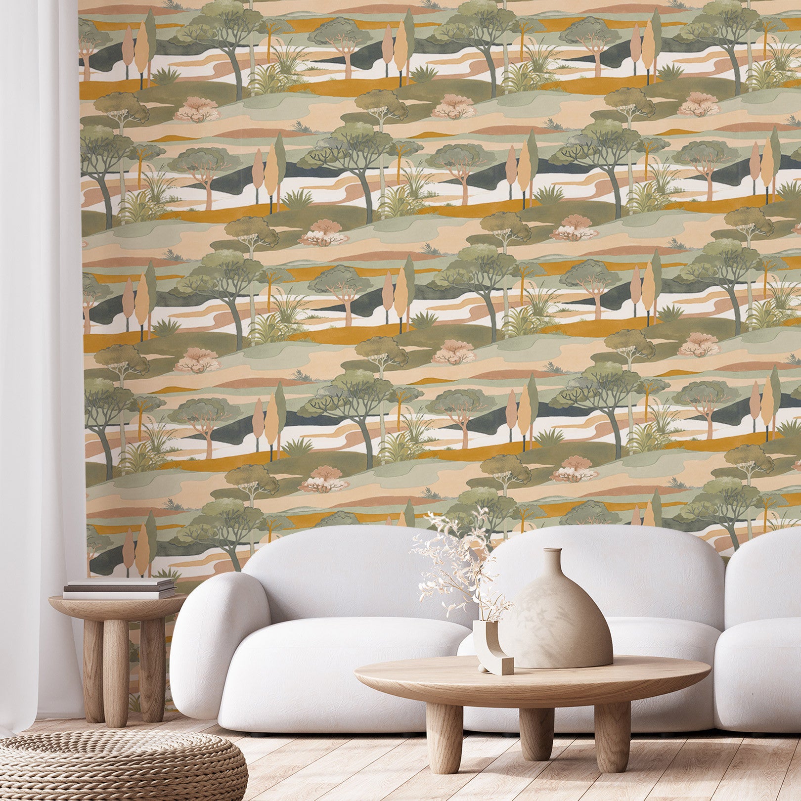 Tapeta z krajobrazem z motywem roślinnym CAP FERRET - CÉLADON/AMBRE seledynowy ze złotym