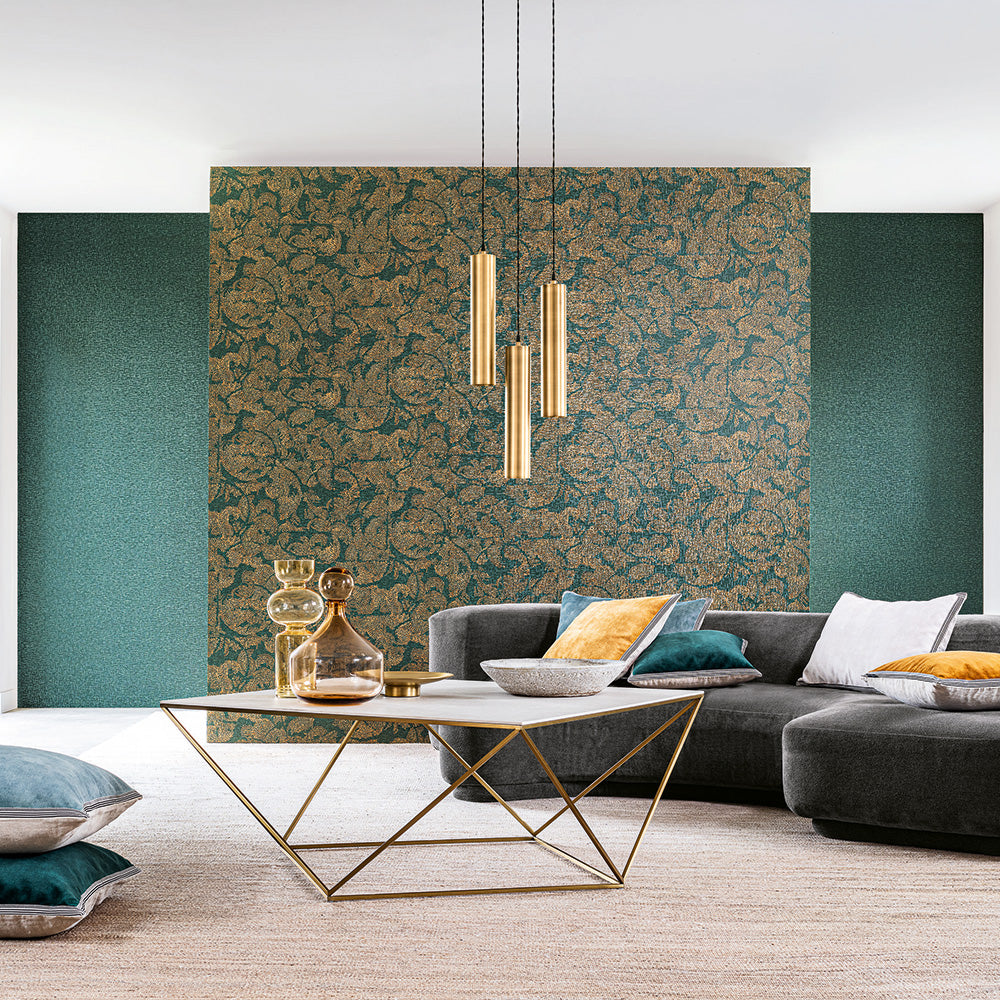 Structural wallpaper with mosaic in VENETIE - EMERAUDE/DORE emerald green with gold