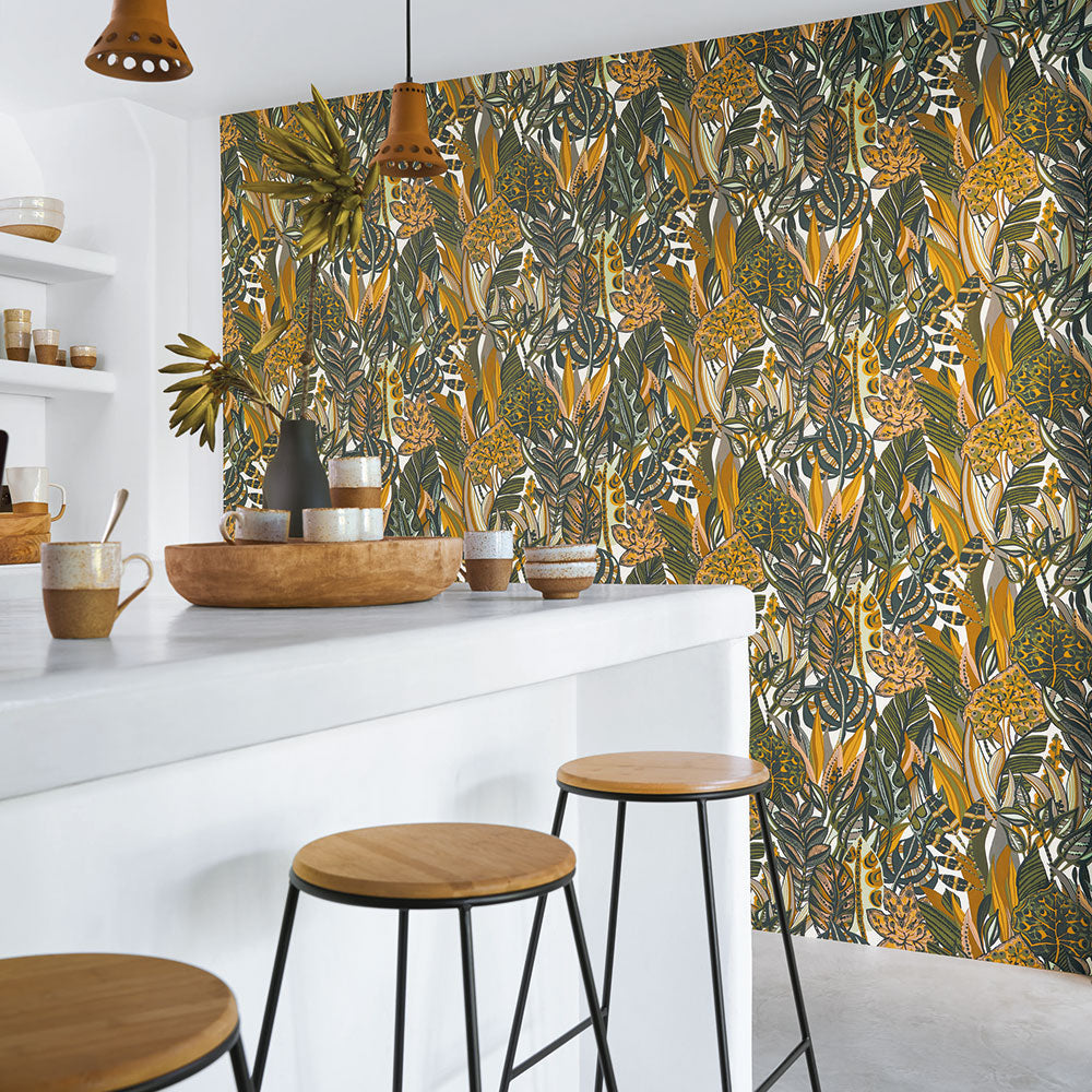 DESIRADE Botanical Pattern Wallpaper - ENCRE/EMERALD Green with Yellow
