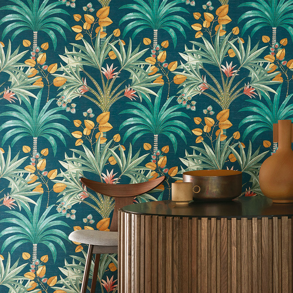 Strukturtapete mit pflanzlichem Palm-Motiv MIRISSA - PETROLE/TÜRQUOISE marineblau mit türkis