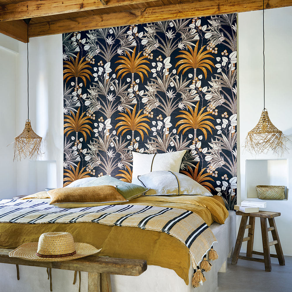 Strukturtapete mit pflanzlichem Palm-Motiv MIRISSA - PETROLE/TÜRQUOISE marineblau mit türkis