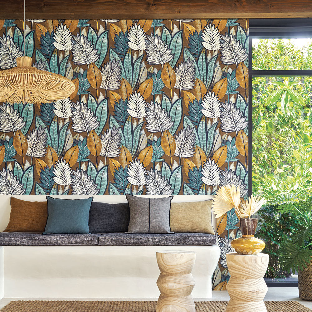 Tapeta strukturalna z motywem roślinnym SABAL - TABAC/CELADON brązowy z seledynowym