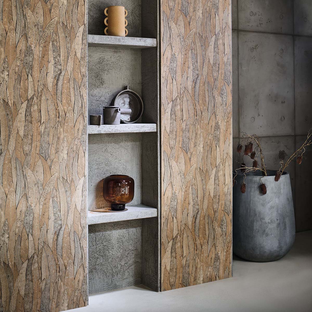 Structural wallpaper with a eucalyptus leaf plant motif NELUWA - ANTHRACITE