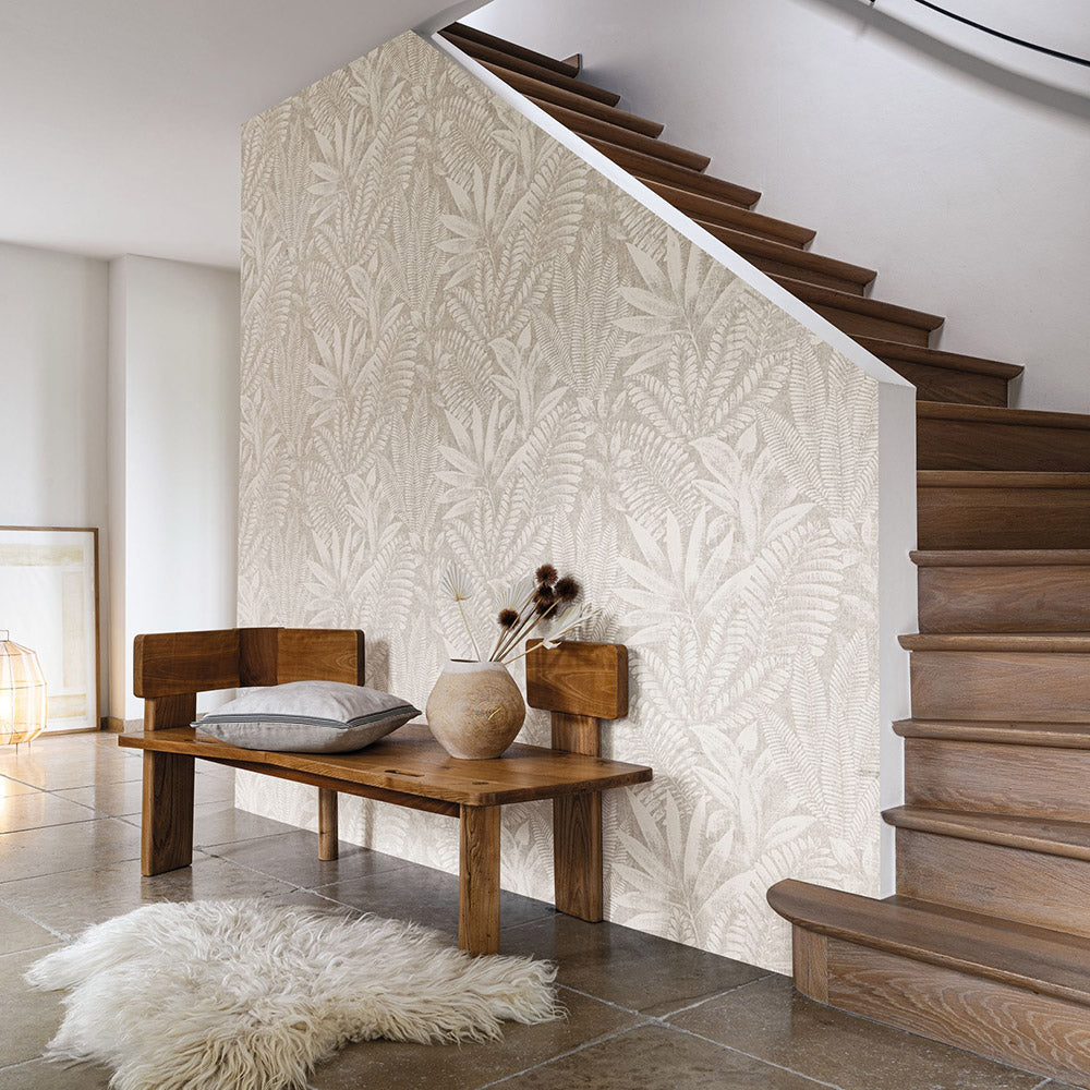 Textured wallpaper imitating canvas with a botanical motif ALOES - IVORY/BEIGE ivory with beige