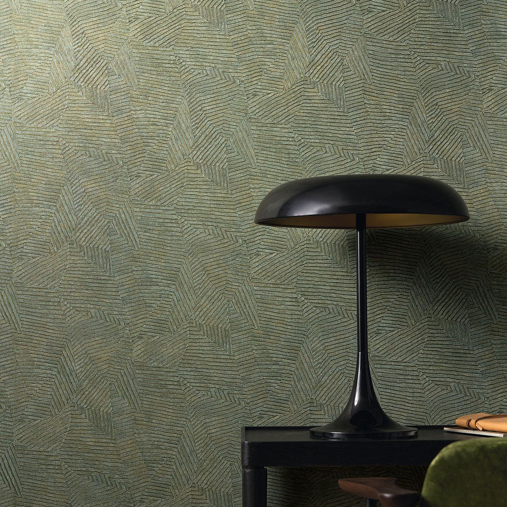 Structural wallpaper imitating bamboo leaves SOROA - OPALINE muted green