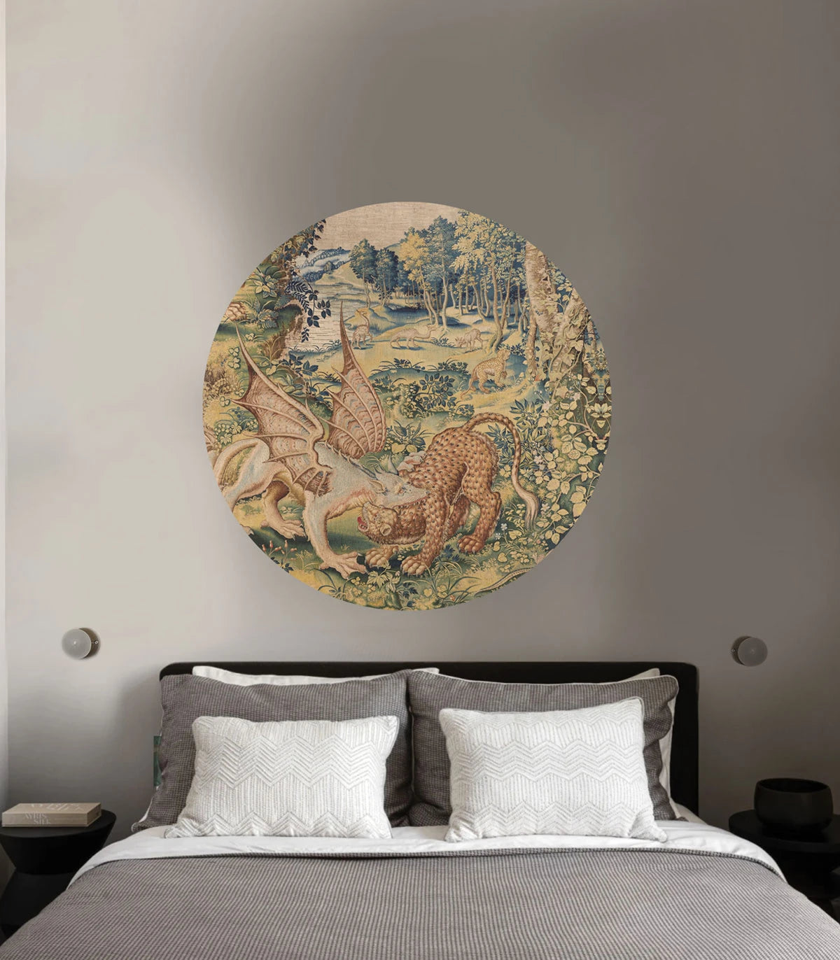 Mural w kształcie koła DOTS - DRAGON ARRAS piaskowy beż z zielonym