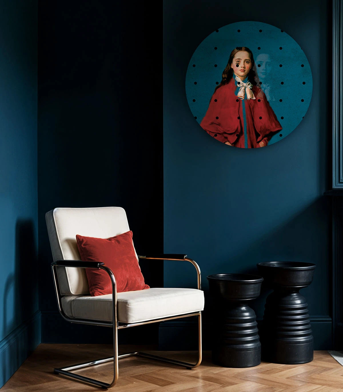 Mural w kształcie koła DOTS - GIRL IN RED niebieski z czerwonym