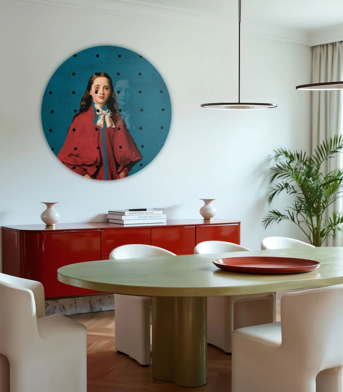 Mural w kształcie koła DOTS - GIRL IN RED niebieski z czerwonym