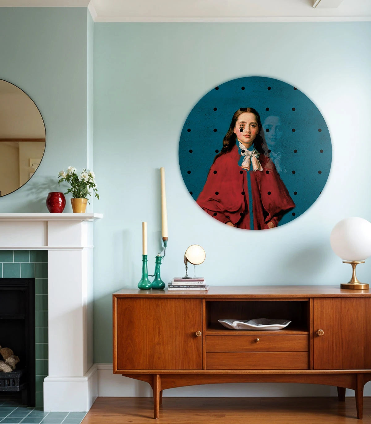 Mural w kształcie koła DOTS - GIRL IN RED niebieski z czerwonym