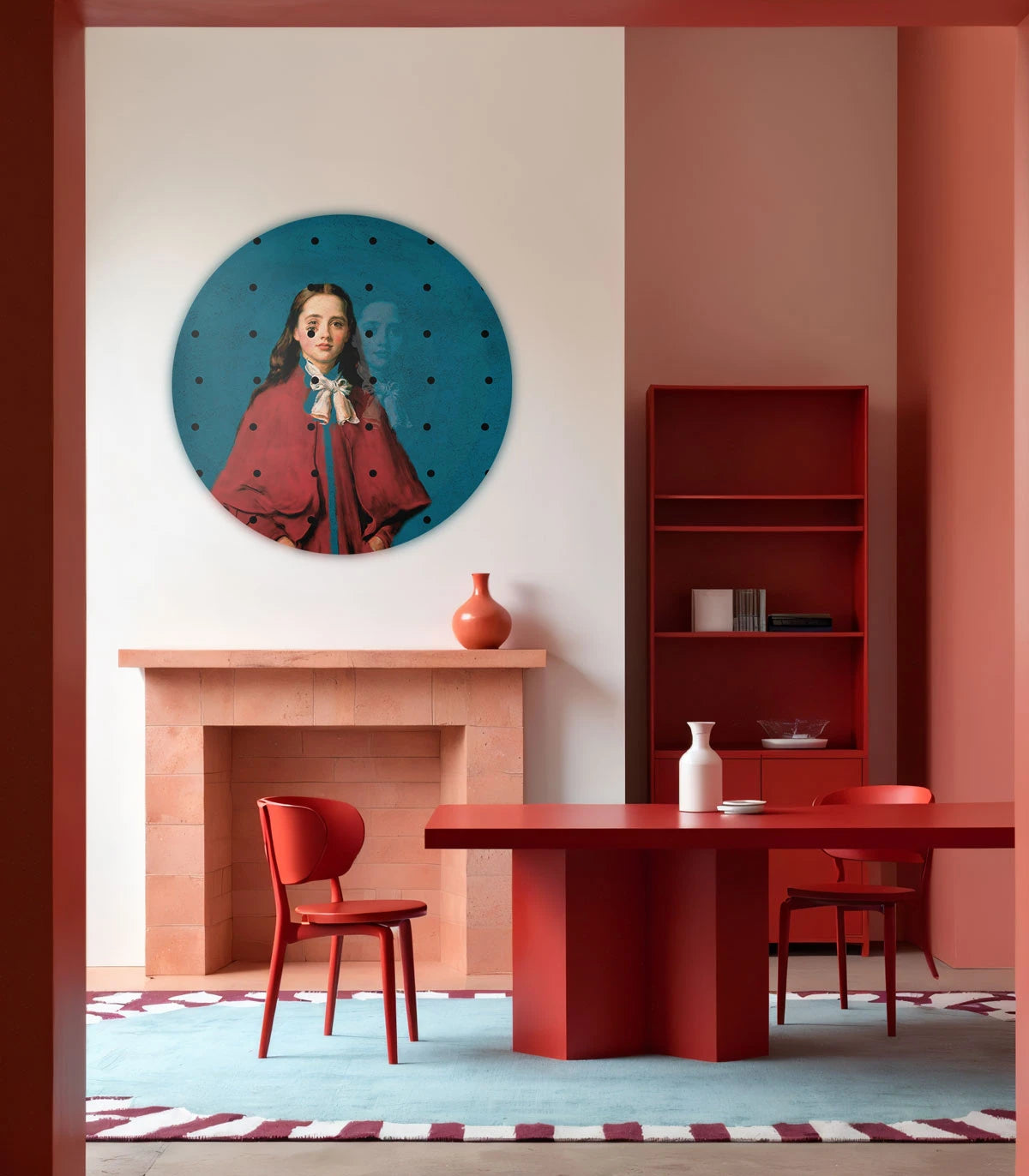 Mural w kształcie koła DOTS - GIRL IN RED niebieski z czerwonym