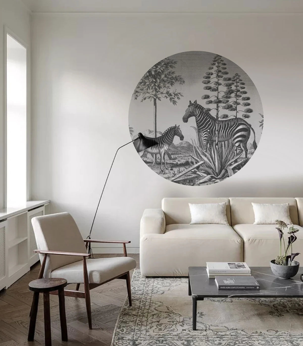 Mural w kształcie koła DOTS - ZEBRA ON AGAVE czarno-biały