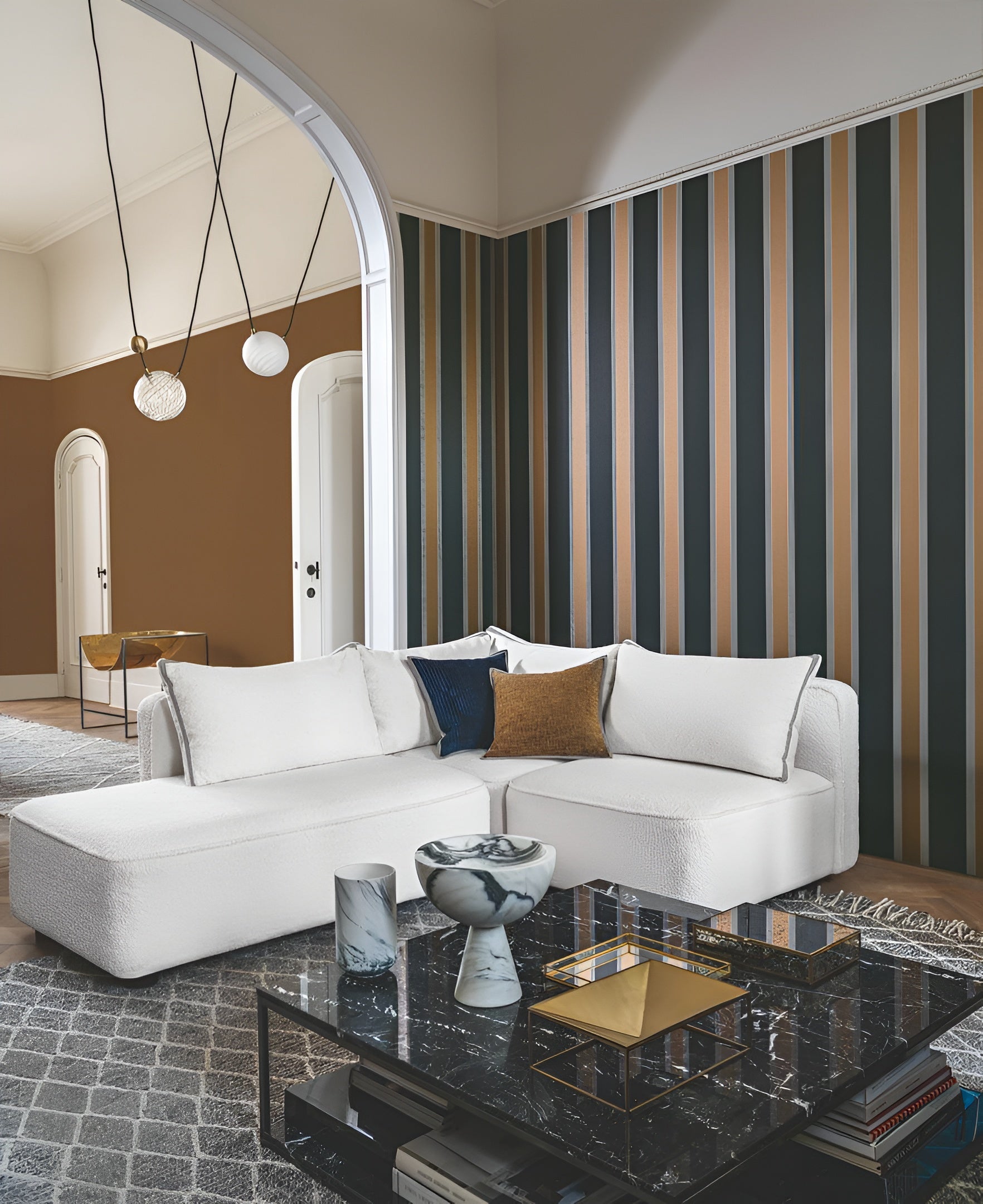 Tapete mit geometrischem Streifenmuster AUTEUIL - MARINE/ROUILLE dunkelblau mit braun