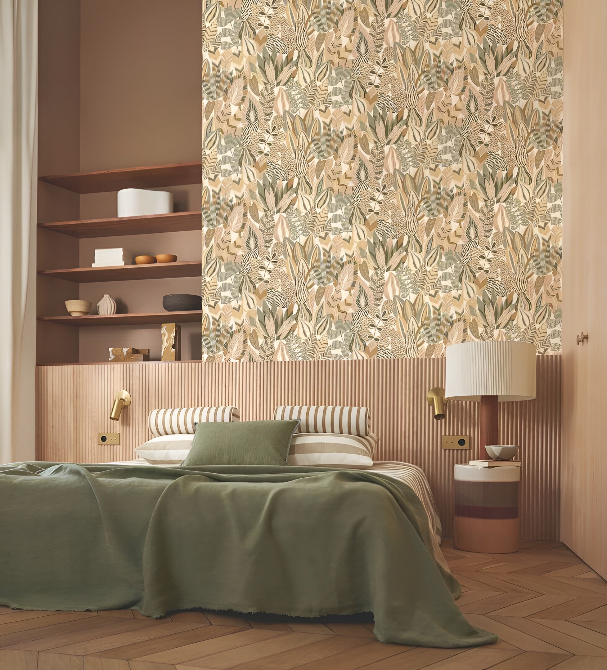 Plant motif wallpaper ALFABIA - KAKI/VANILLA khaki with vanilla