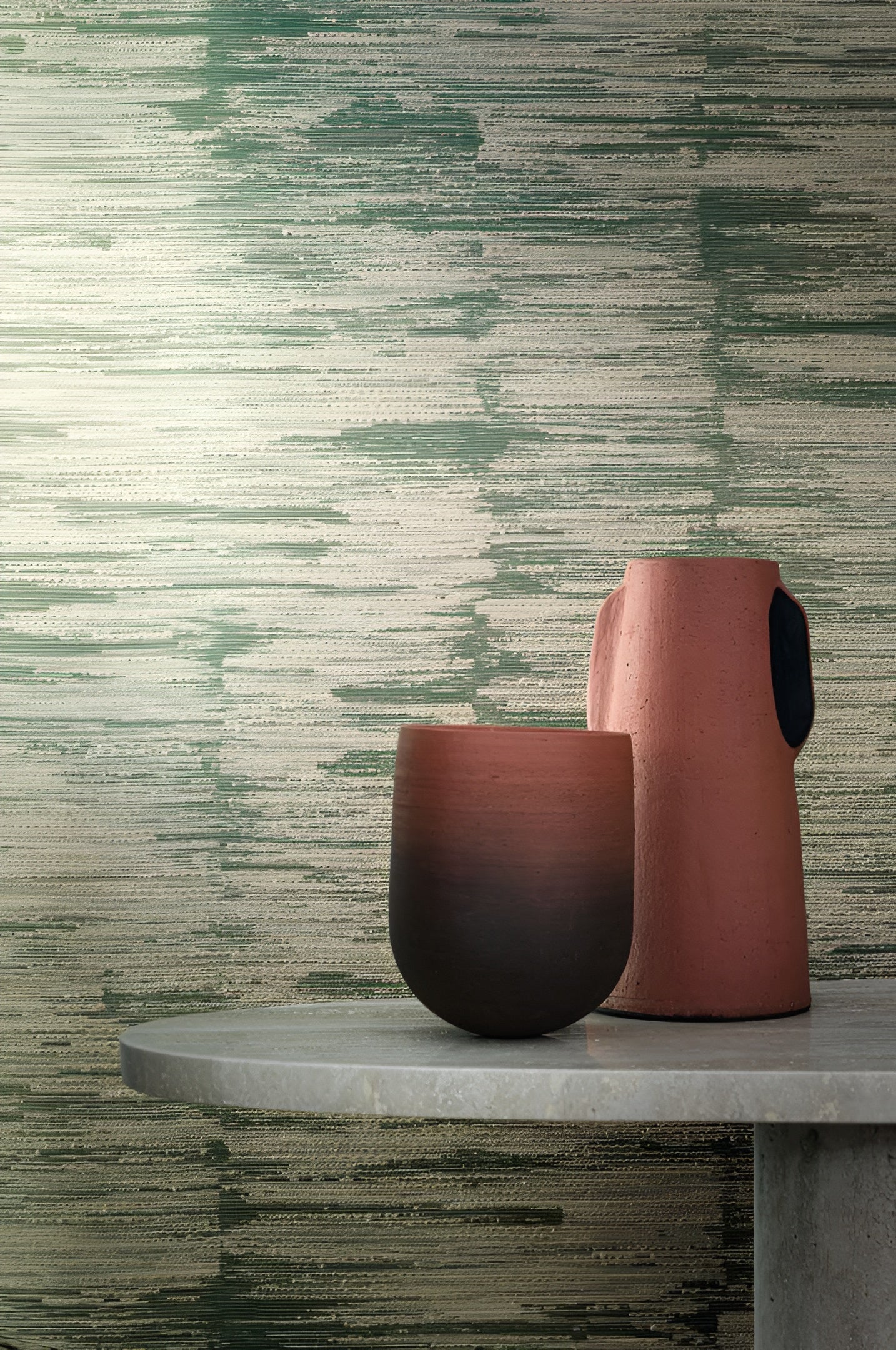 Textilstruktur-Tapete mit Streifen ALCHEMILLA - EMERAUDE/CÉLADON in mintgrün mit beige