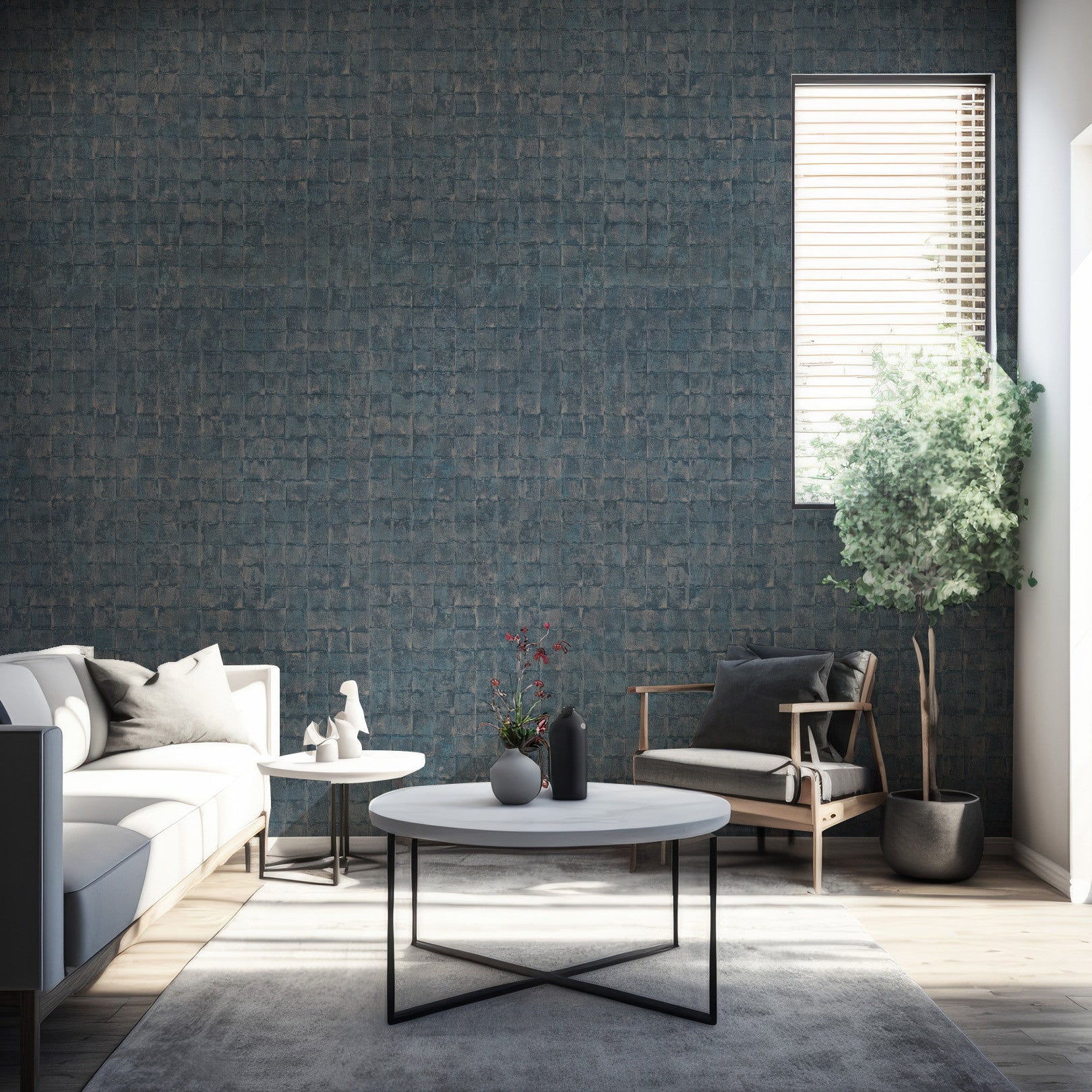 Structural wallpaper imitating tiles FAENZA - ORAGE navy blue