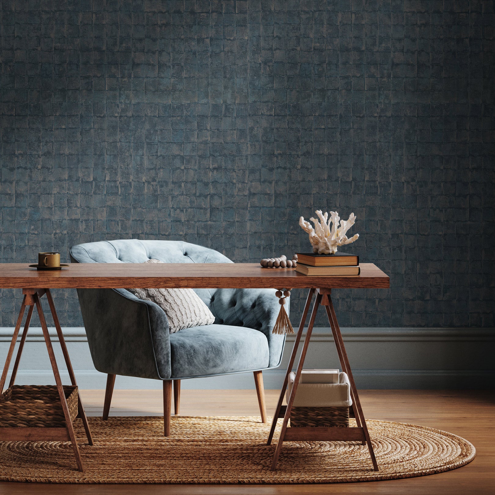 Structural wallpaper imitating tiles FAENZA - ORAGE navy blue