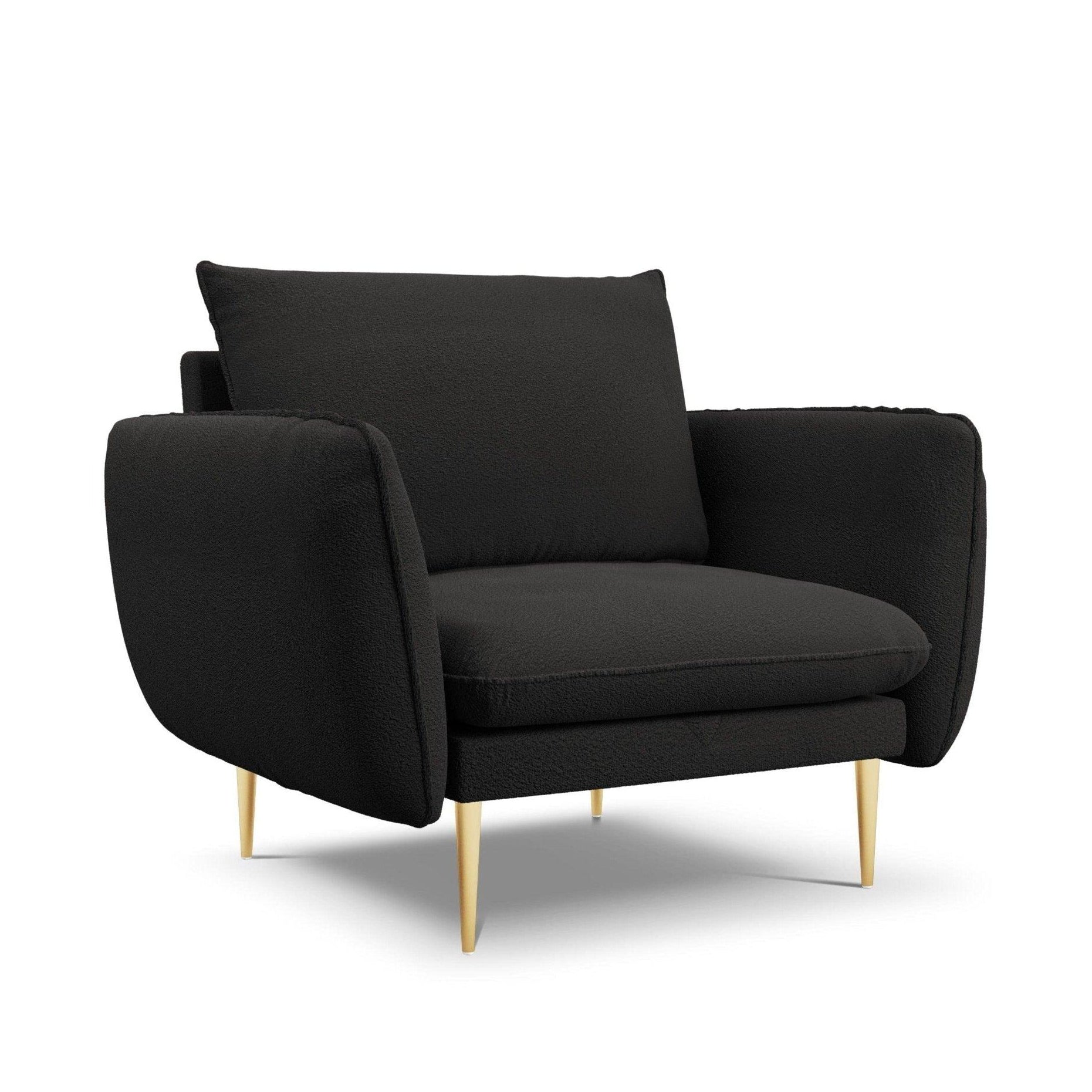 Fotel w tkaninie boucle VIENNA czarny ze złotą podstawą Cosmopolitan Design    Eye on Design