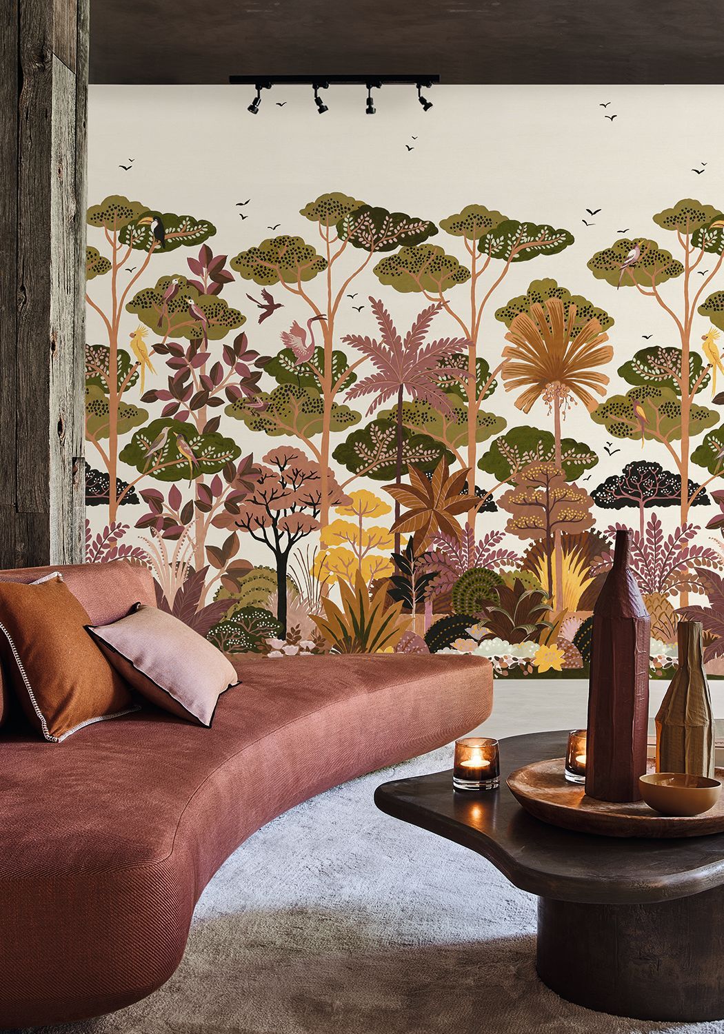 Mural strukturalny z motywem roślinnym drzew KANDY - BLANC/MULTICO beżowy z zielonym