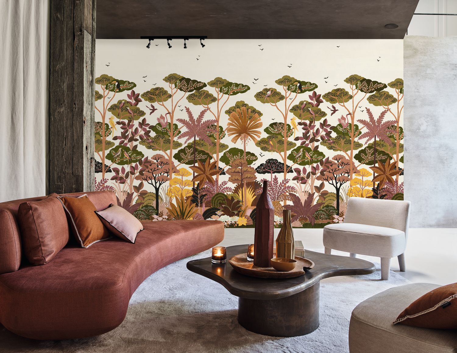 Mural strukturalny z motywem roślinnym drzew KANDY - BLANC/MULTICO beżowy z zielonym