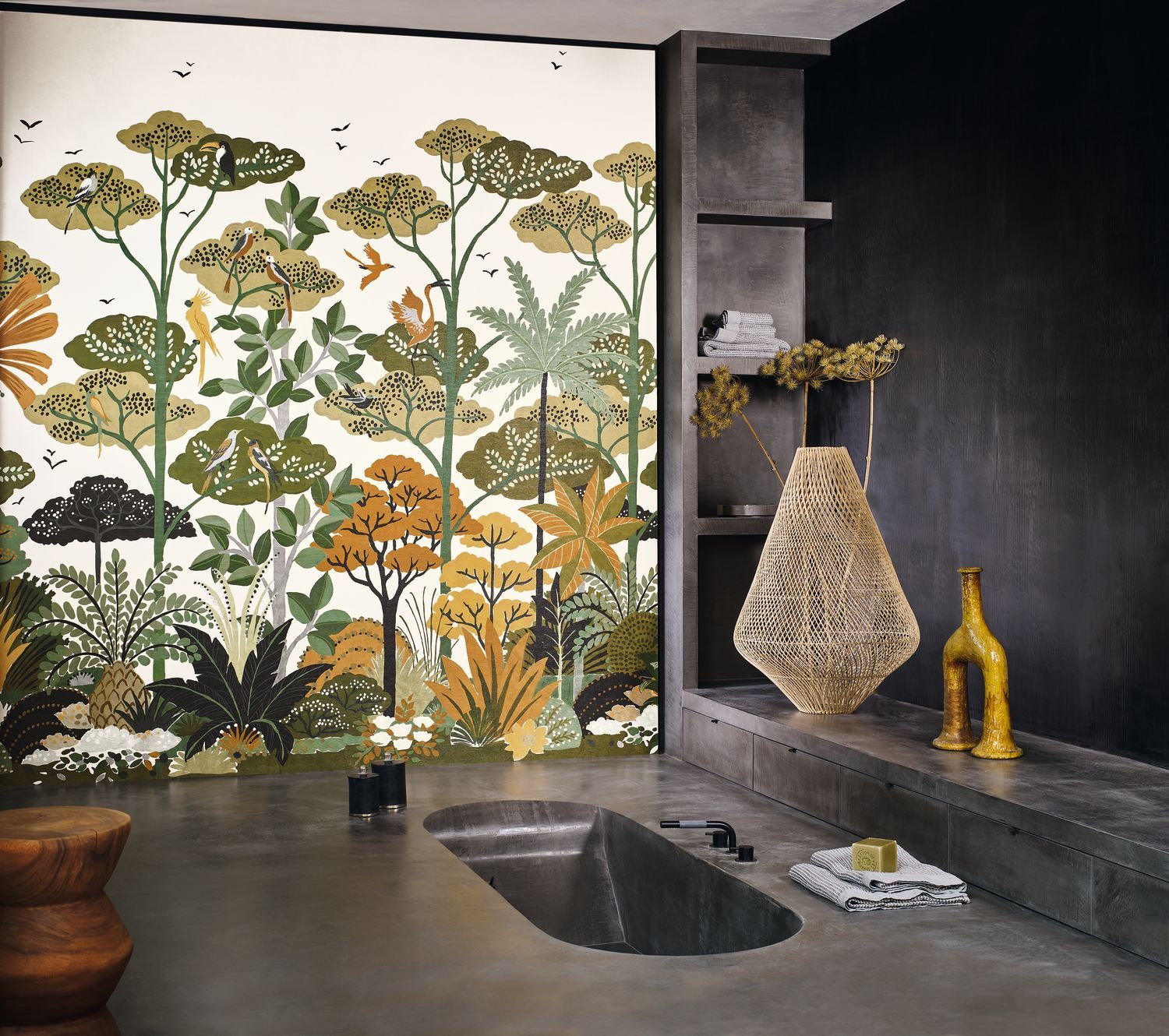 Structural mural with a plant motif of KANDY trees - WHITE/KHAKI white with khaki
